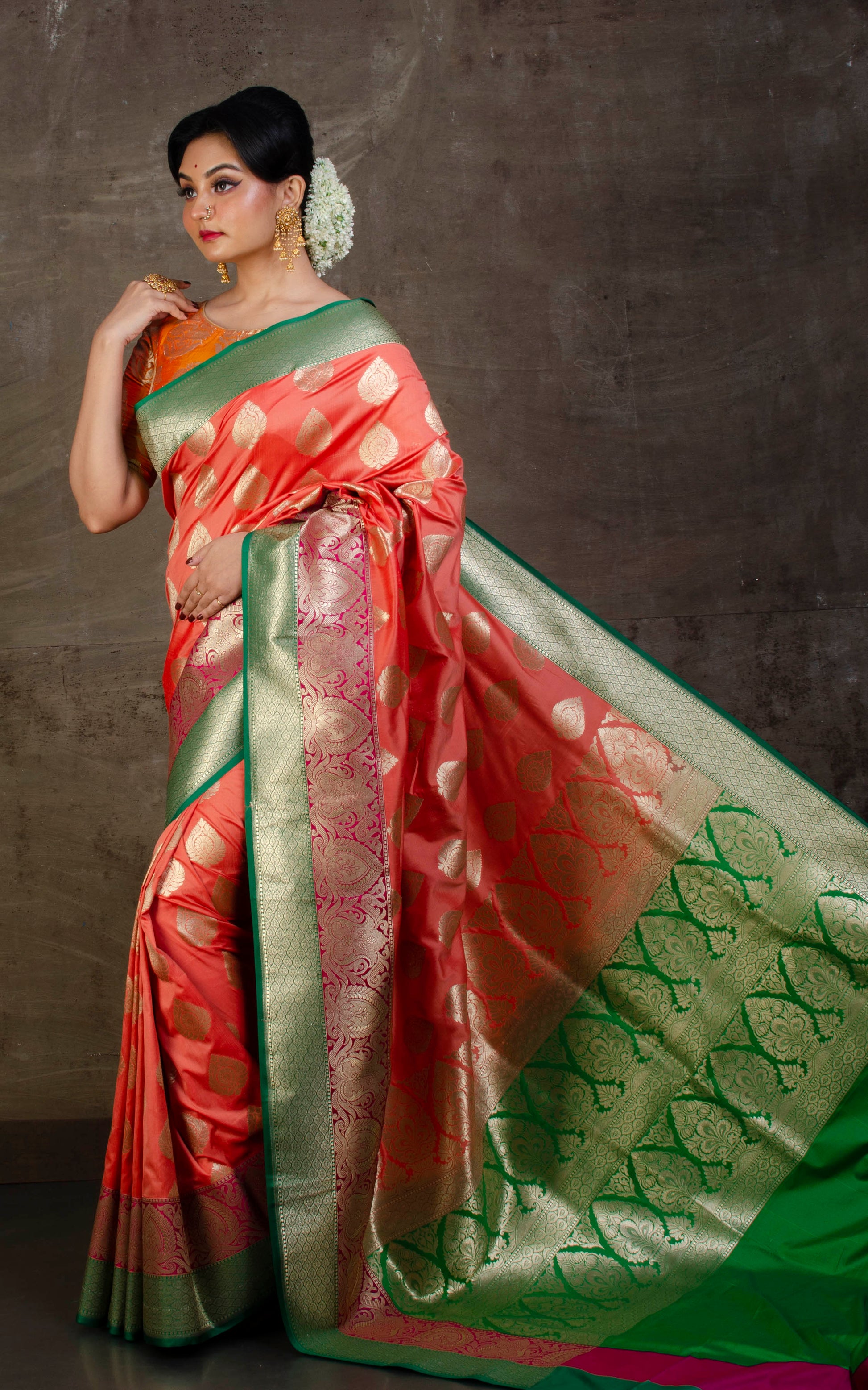 Soft Designer Semi Katan Silk Saree in Peach, Dark Pink and Green