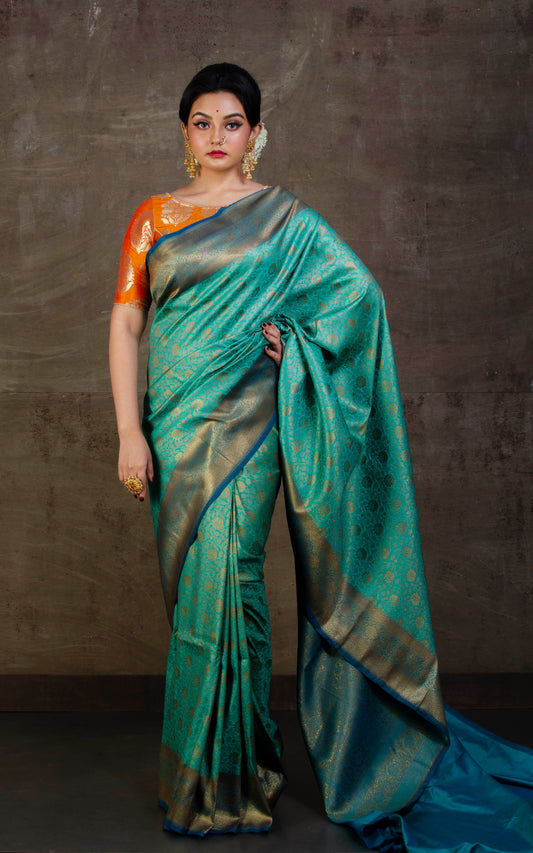 Tanchui Brocade Work Katan Silk Saree Cyan and Mute Gold