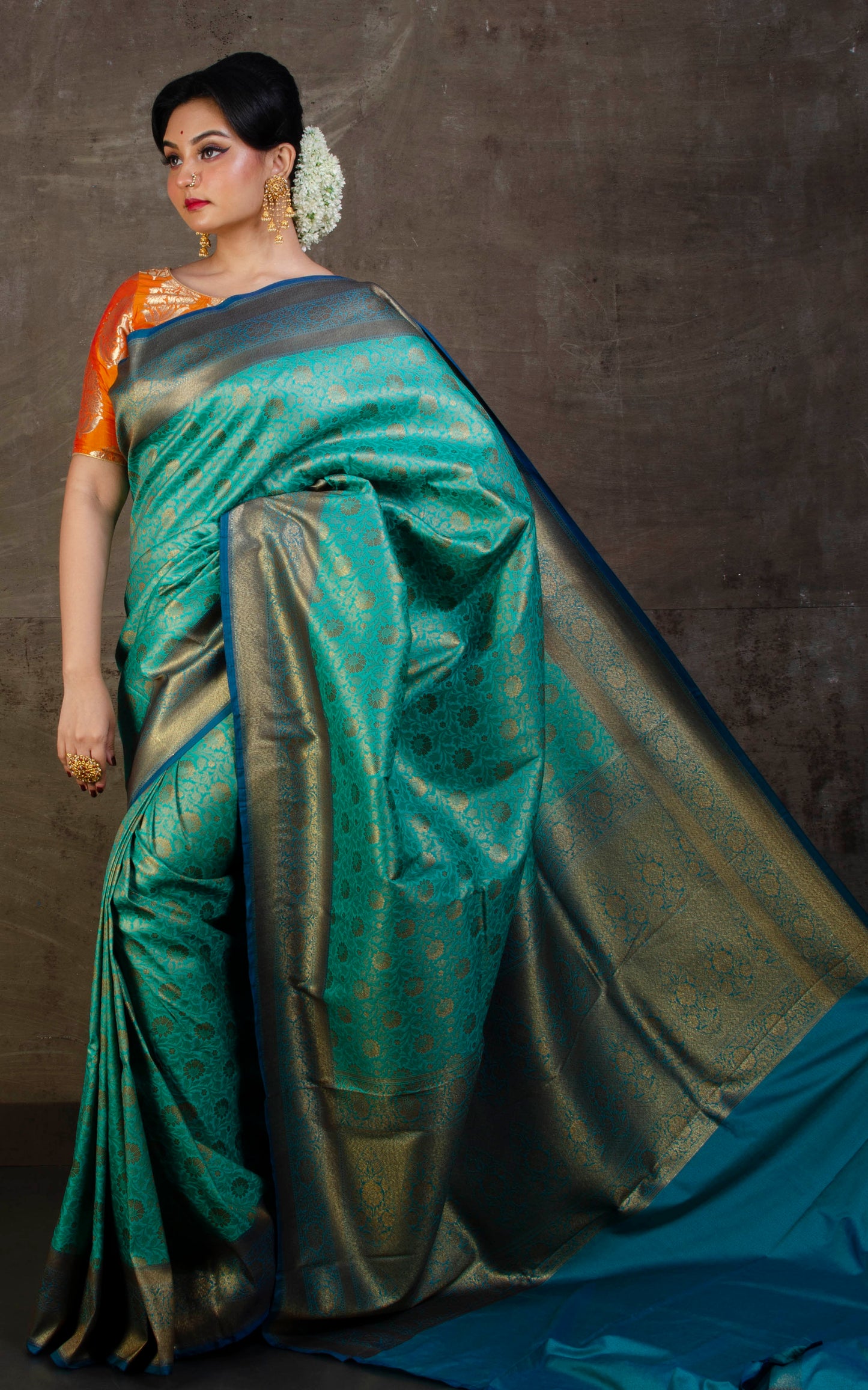 Tanchui Brocade Work Katan Silk Saree Cyan and Mute Gold