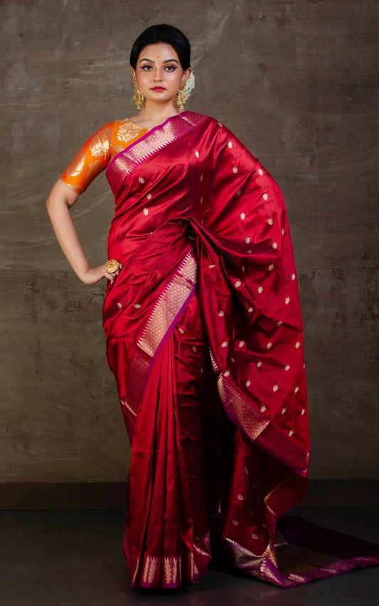 Handwoven Pure Katan Banarasi Silk Saree in Dark Red and Magenta