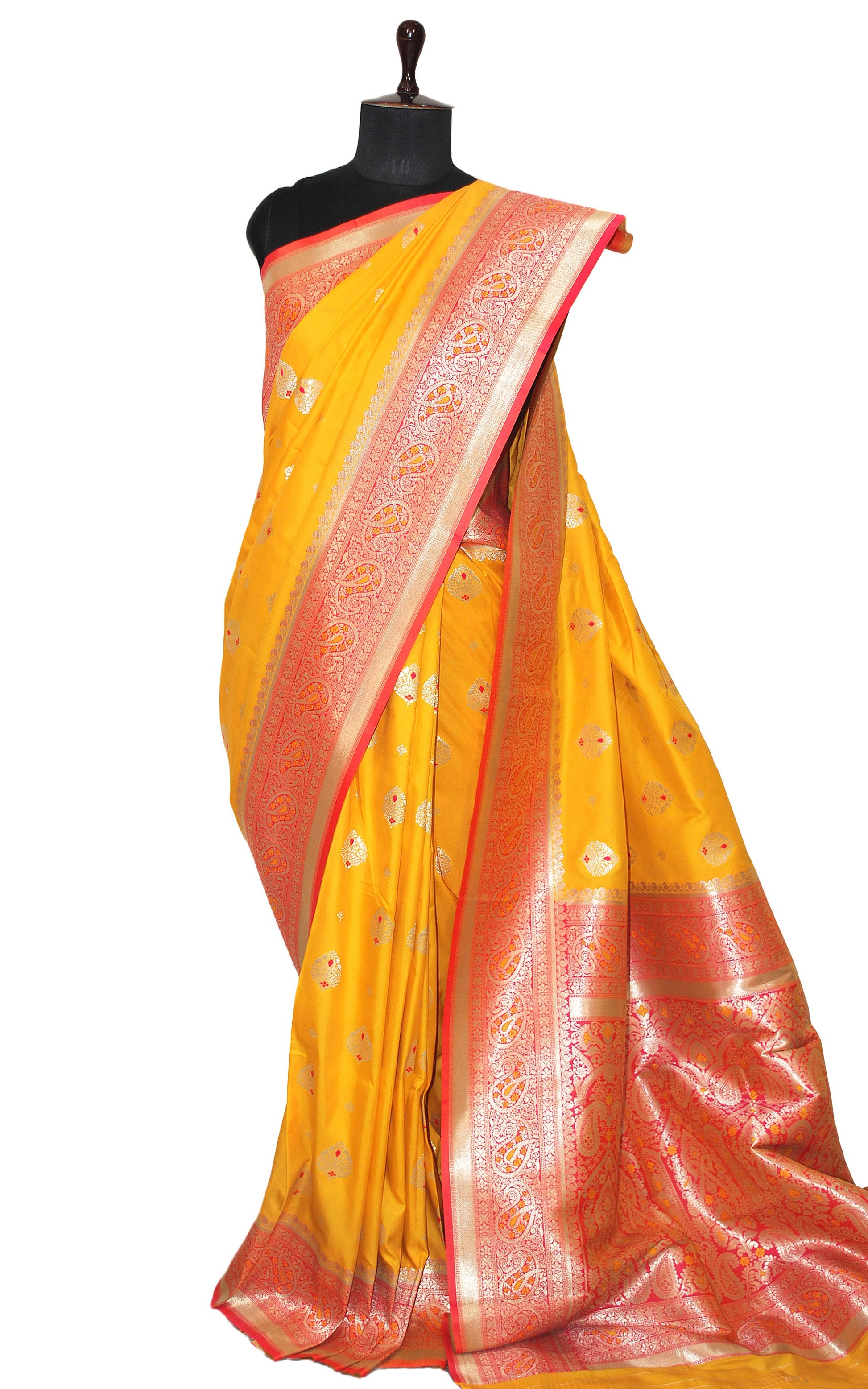 Minakari Katan Silk Saree in Golden Yellow, Peach Red and Matt Gold Zari Work