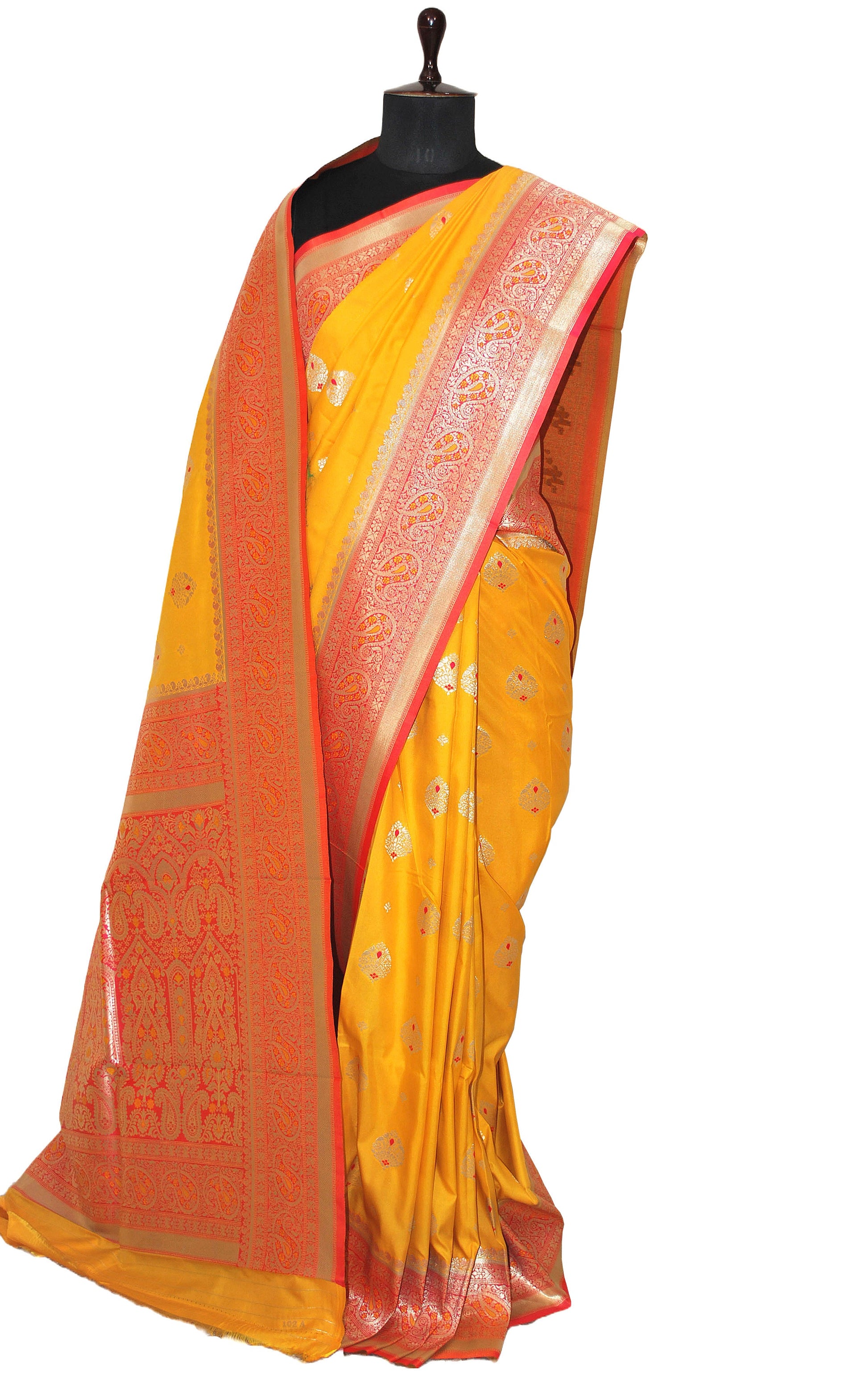 Minakari Katan Silk Saree in Golden Yellow, Peach Red and Matt Gold Zari Work