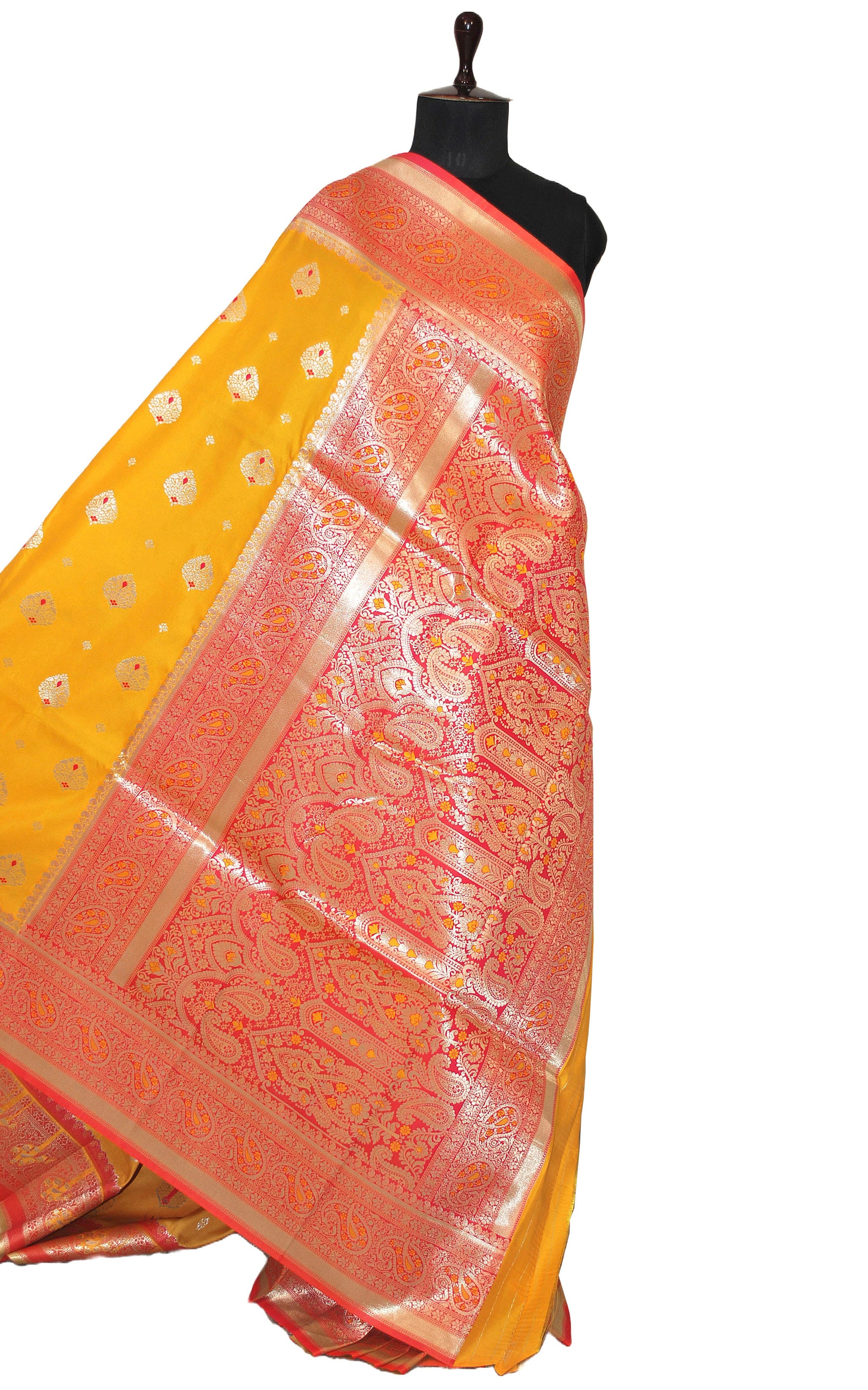 Minakari Katan Silk Saree in Golden Yellow, Peach Red and Matt Gold Zari Work