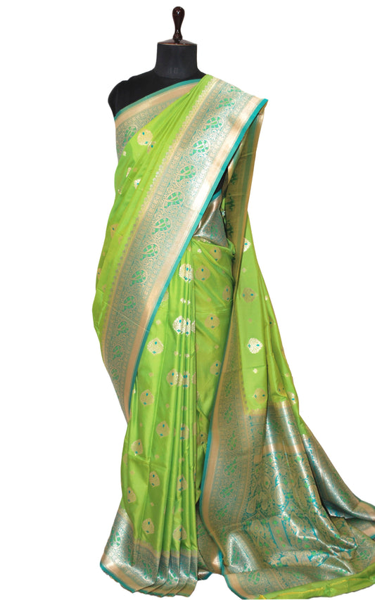 Minakari Katan Silk Saree in Green Yellow, Cyan and Matt Gold Zari Work