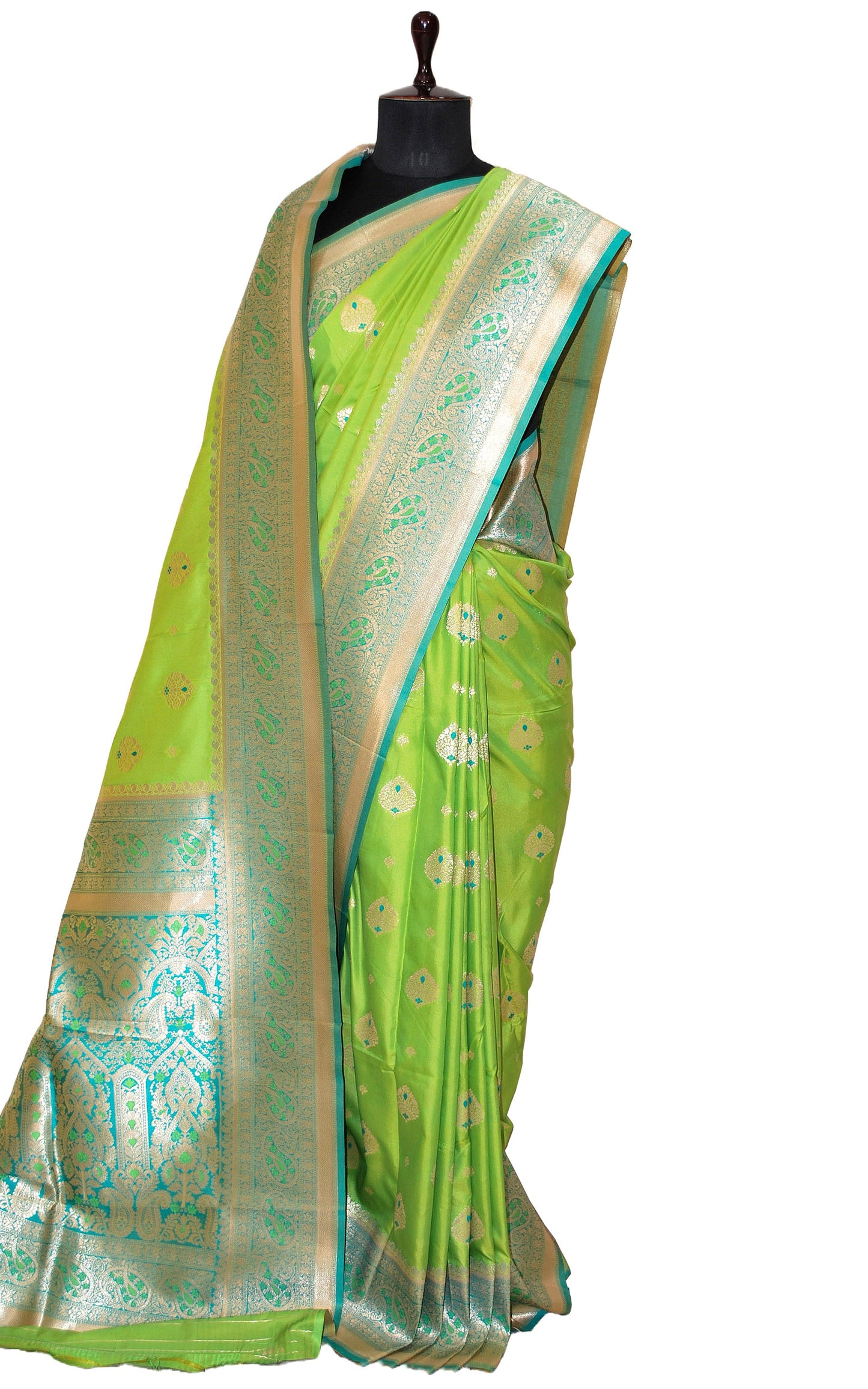 Minakari Katan Silk Saree in Green Yellow, Cyan and Matt Gold Zari Work