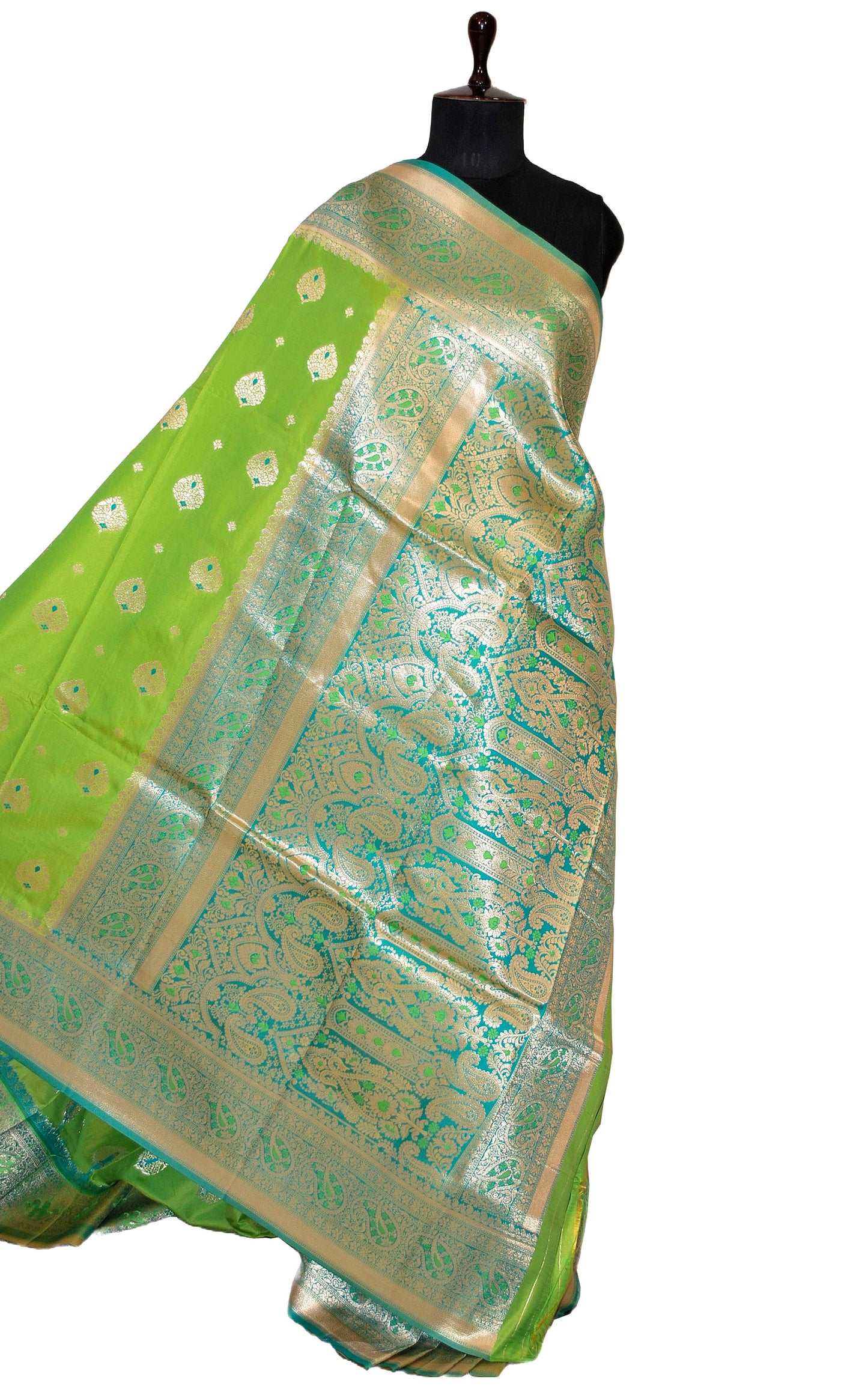 Minakari Katan Silk Saree in Green Yellow, Cyan and Matt Gold Zari Work