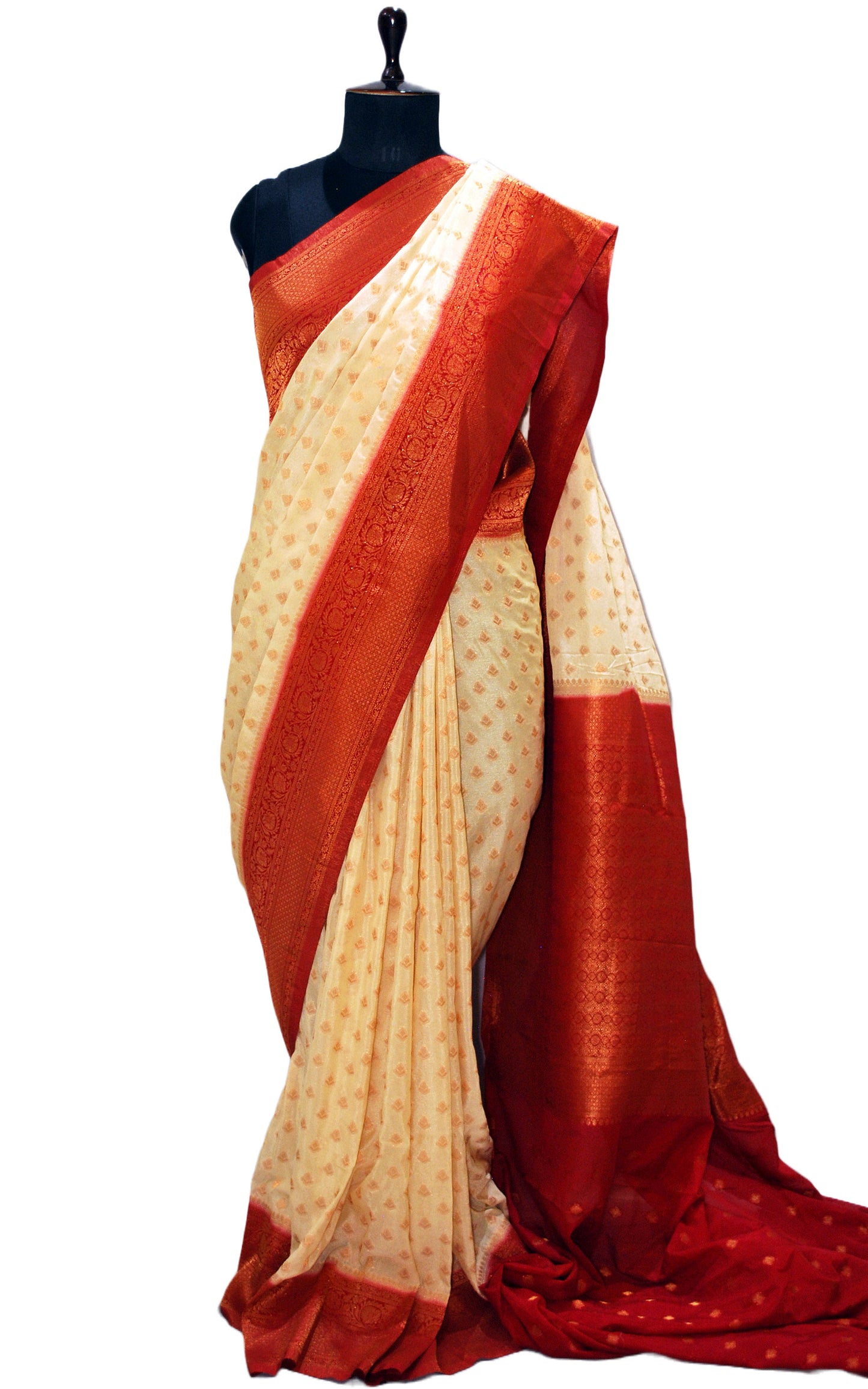 Soft Semi Georgette Banarasi Saree in Off White, Dark Red and Antique Golden