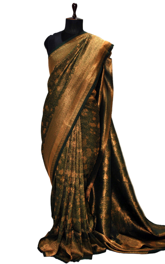 Semi Georgette Brocade Banarasi Saree in Dark Green and Sepia Tone Golden Zari Work