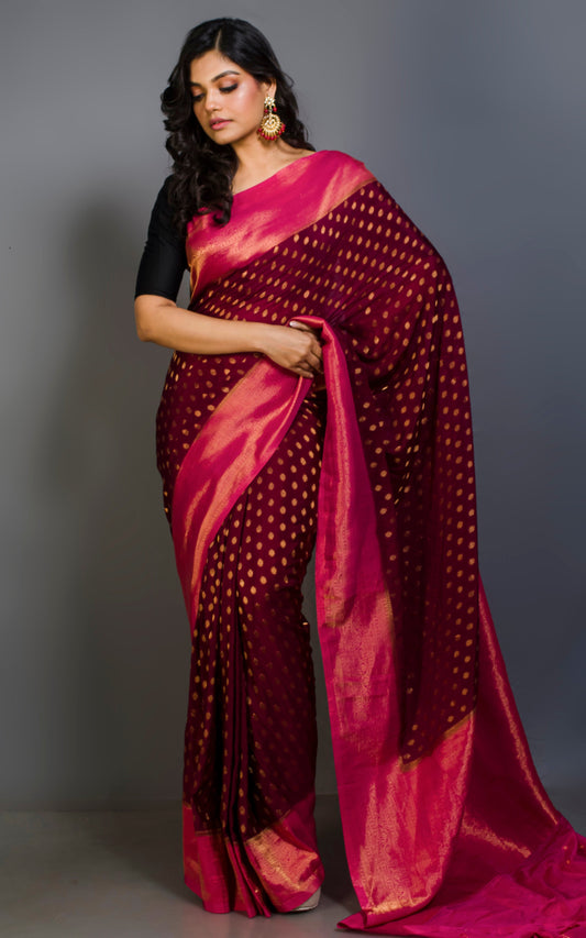 Soft Semi Georgette Banarasi Saree in Rosewood, Bright Pink and Antique Golden