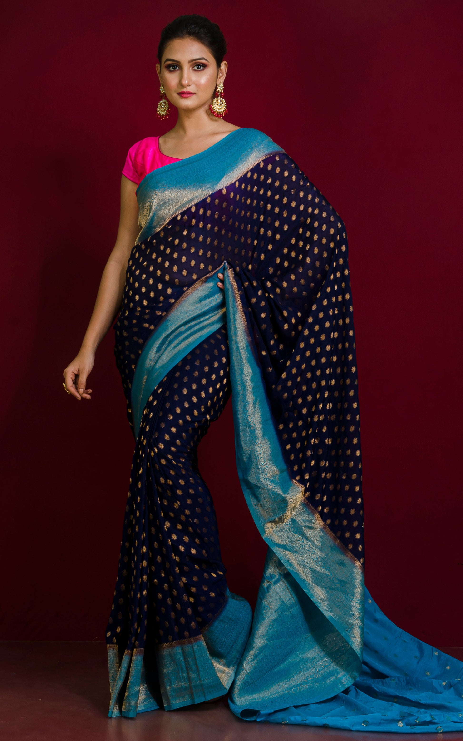 Soft Semi Georgette Banarasi Saree in Midnight Blue, Firoza and Antique Golden