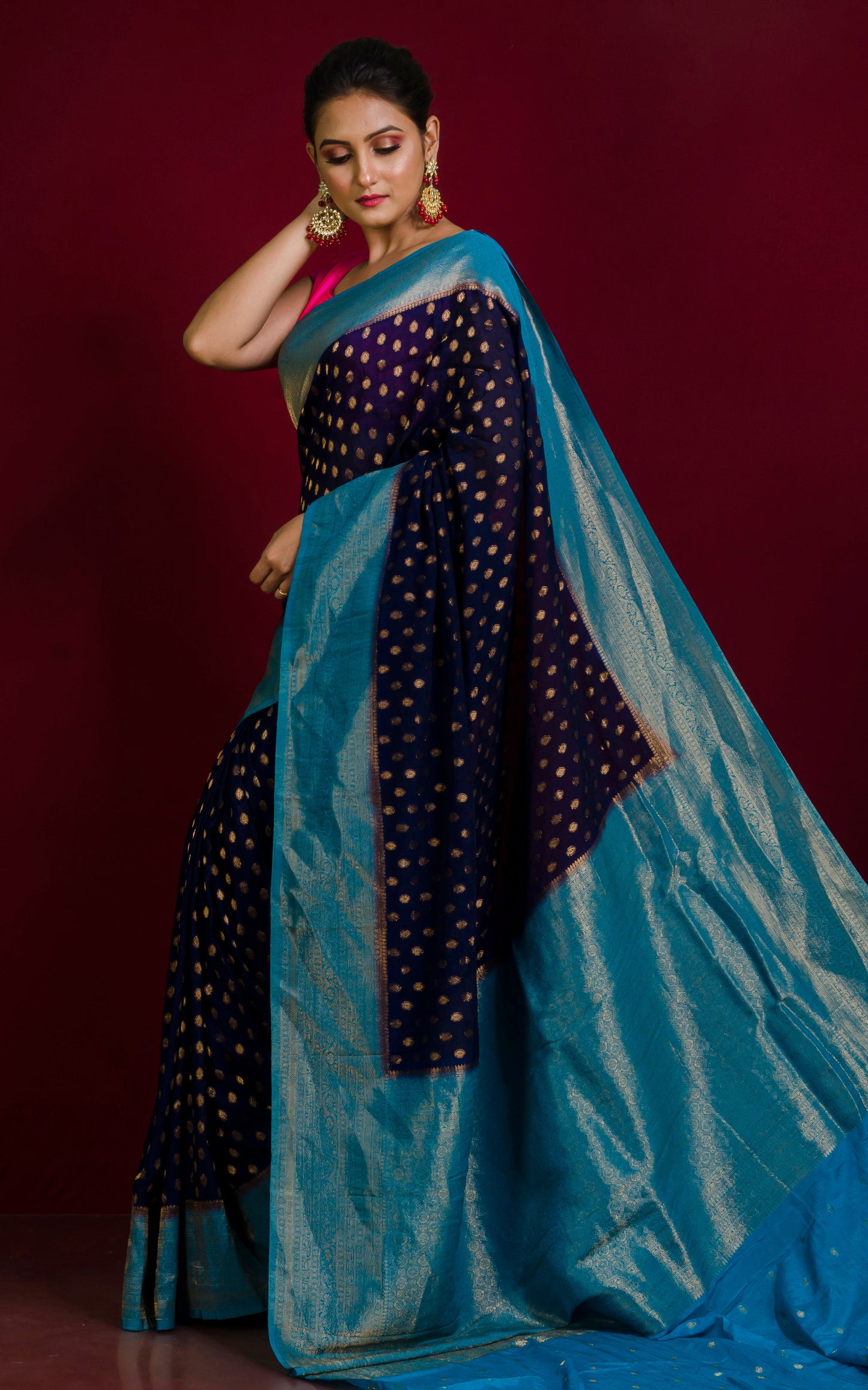 Soft Semi Georgette Banarasi Saree in Midnight Blue, Firoza and Antique Golden