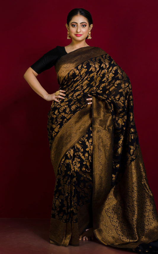 Semi Georgette Brocade Banarasi Saree in Black and Sepia Tone Golden Zari Work