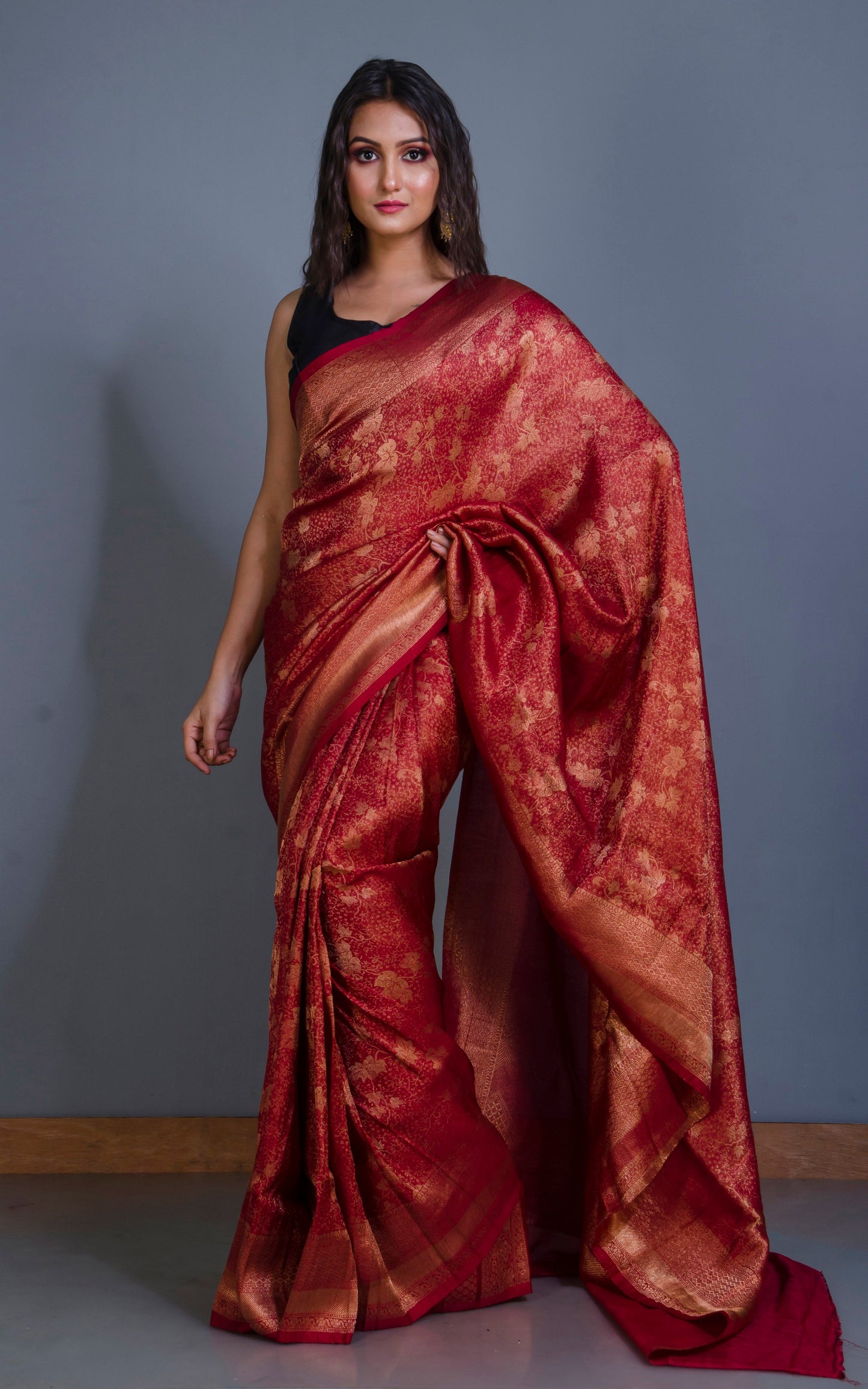 Semi Georgette Brocade Banarasi Saree in Maroon and Sepia Tone Golden Zari Work