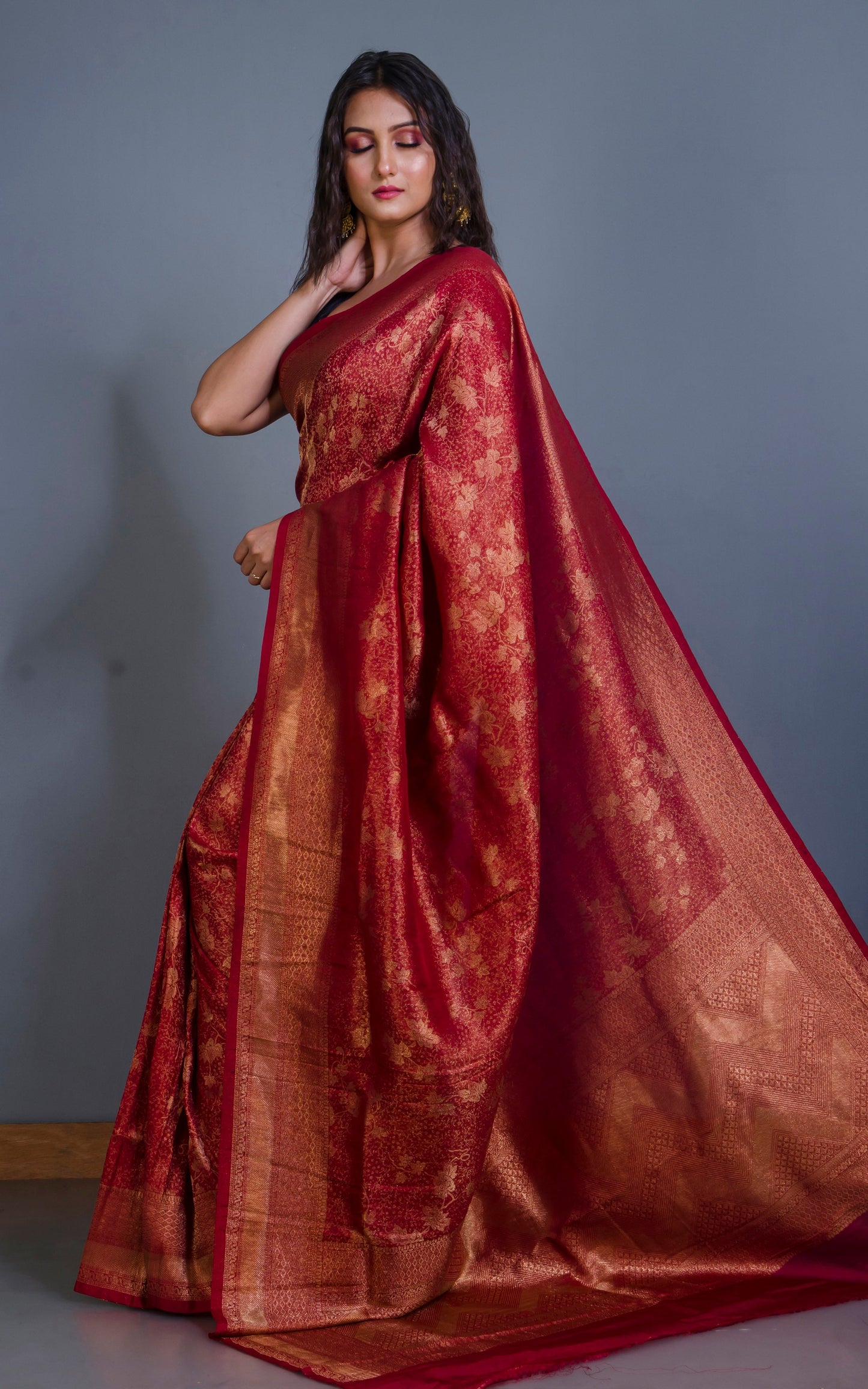 Semi Georgette Brocade Banarasi Saree in Maroon and Sepia Tone Golden Zari Work