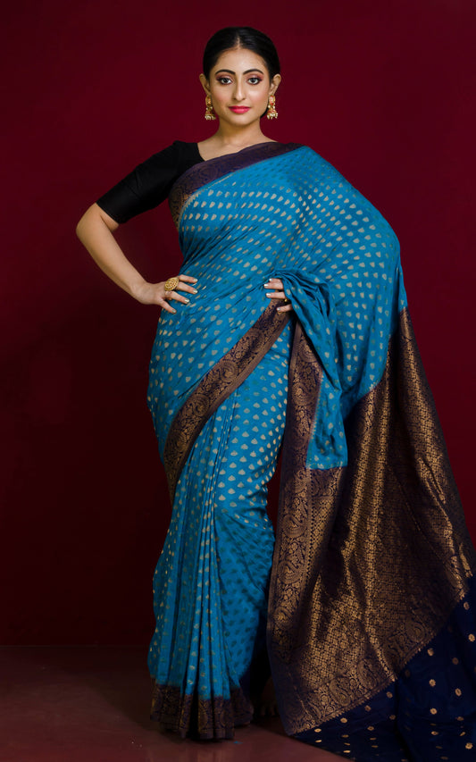 Medium Border Soft Semi Georgette Banarasi Saree in French Blue, Midnight Blue and Antique Golden