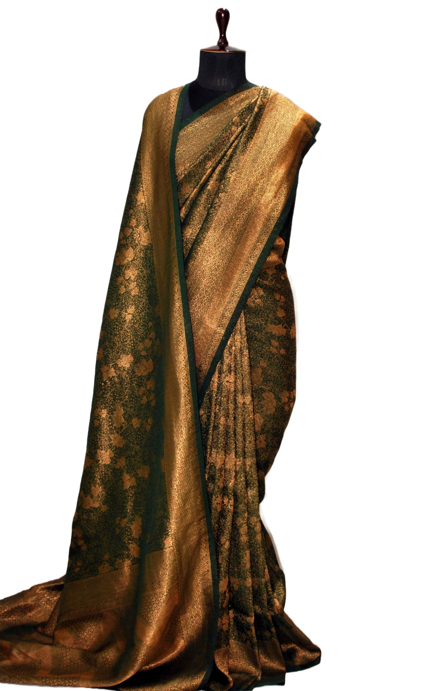 Semi Georgette Brocade Banarasi Saree in Dark Green and Sepia Tone Golden Zari Work