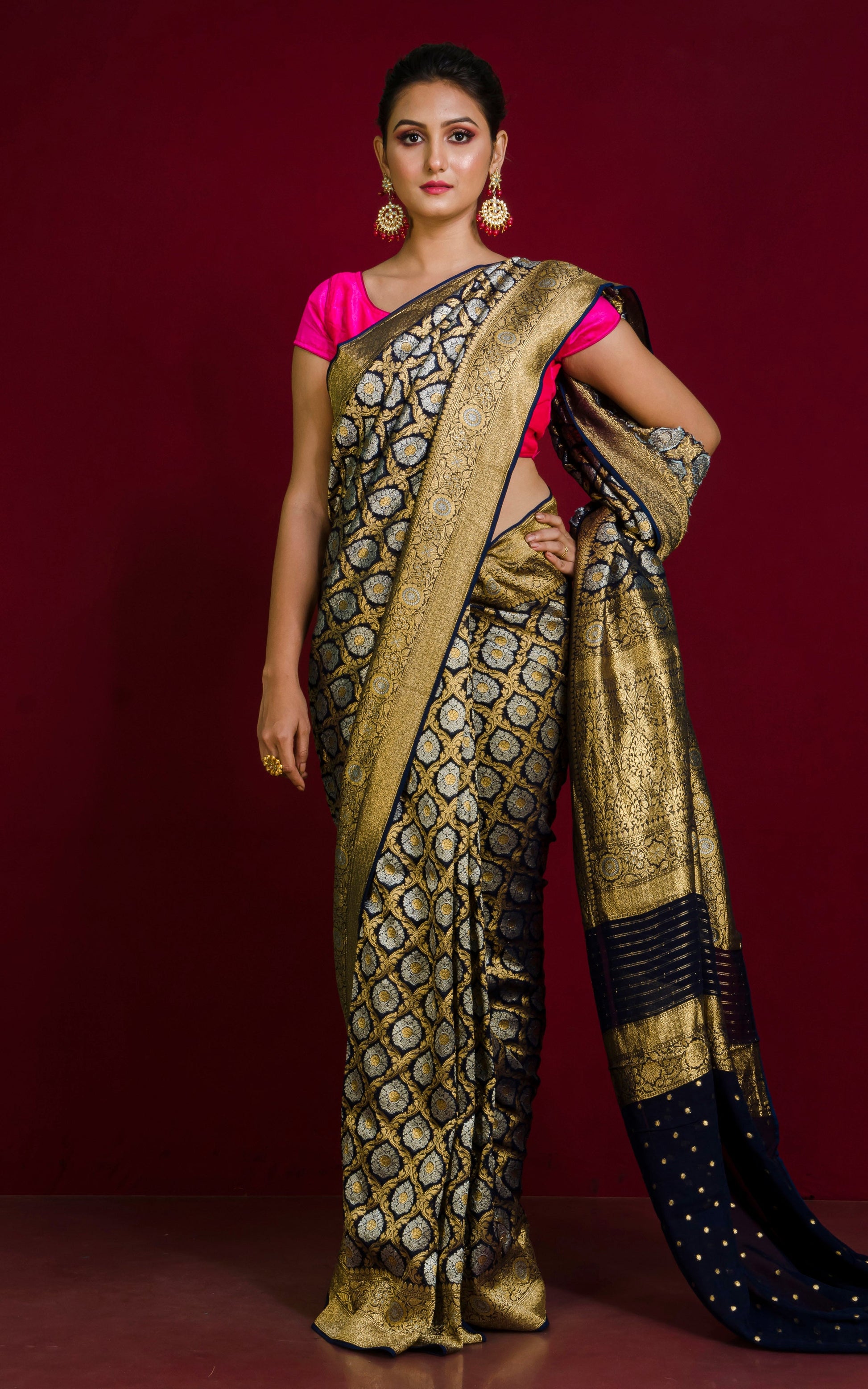 Brocade Khaddi Georgette Banarasi Saree in Ink Blue with Silver & Gold Zari Work