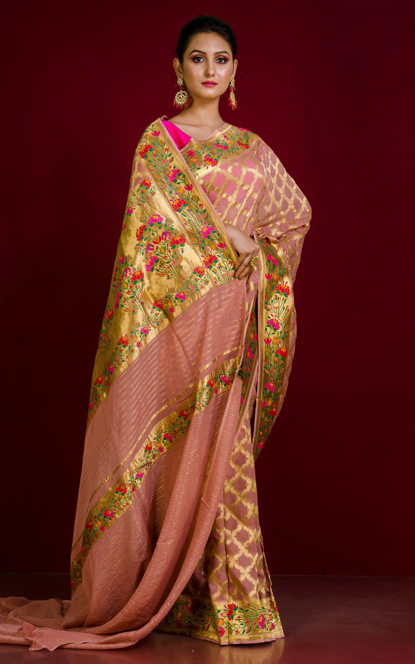 Khaddi Georgette Paithani Work Banarasi Saree in Matt Pink, Gold and Multicolored