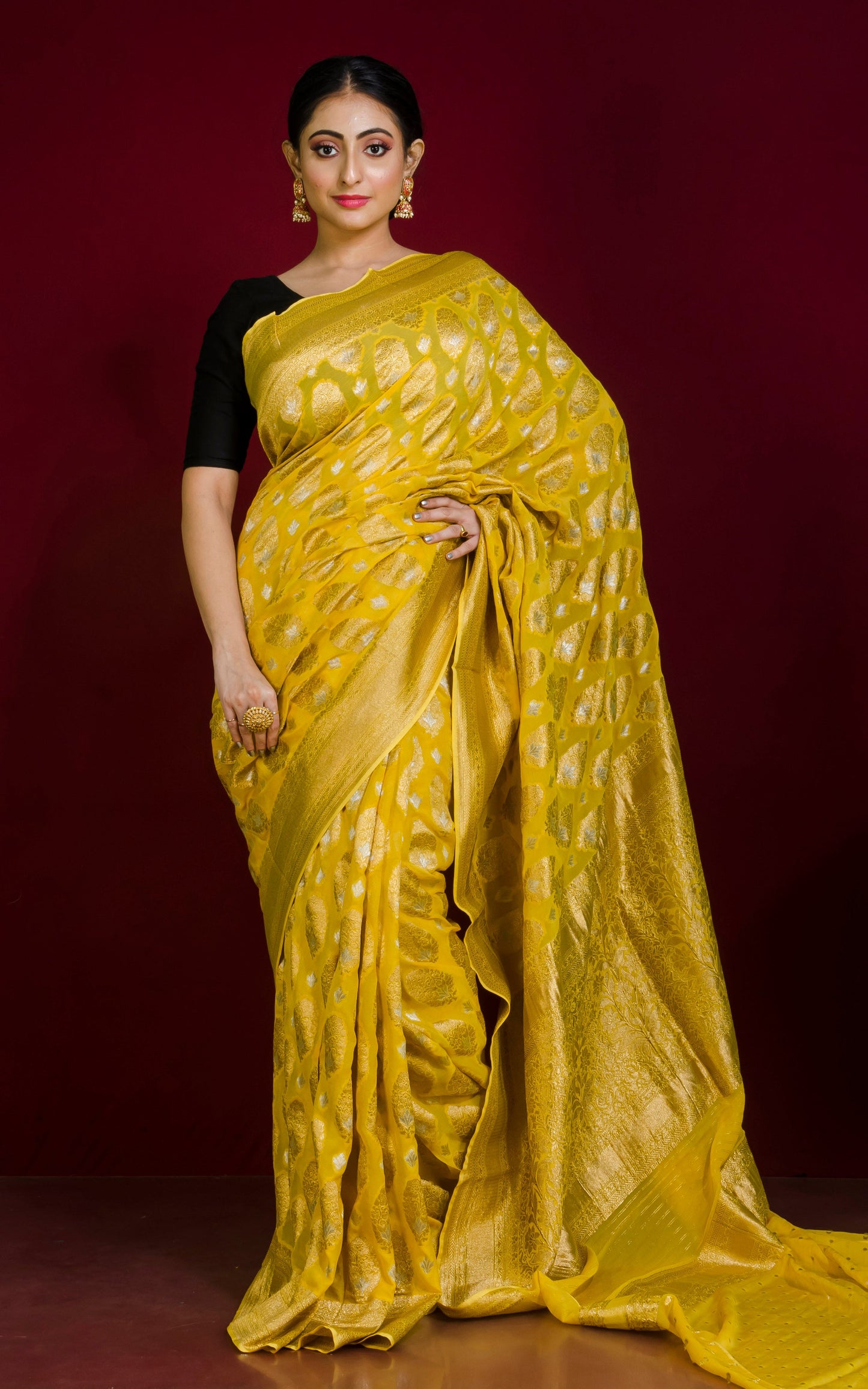 Brocade Khaddi Georgette Banarasi Saree in Bright Yellow with Silver & Gold Zari Work