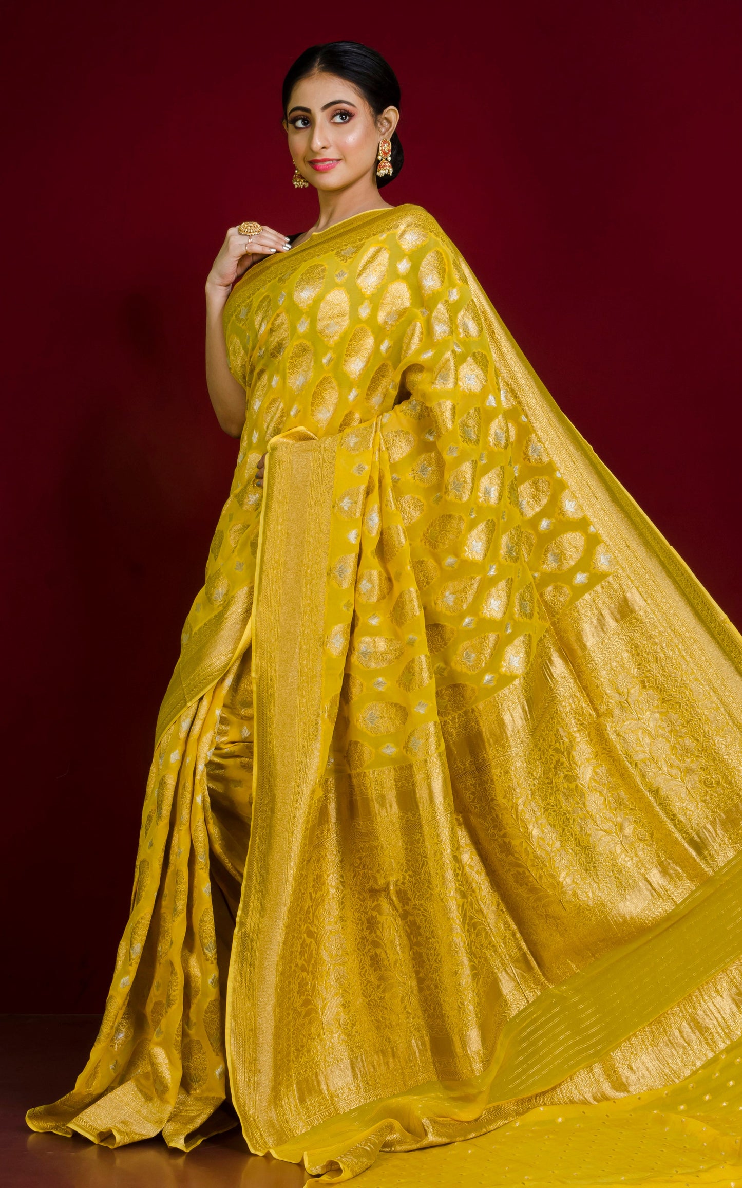 Brocade Khaddi Georgette Banarasi Saree in Bright Yellow with Silver & Gold Zari Work