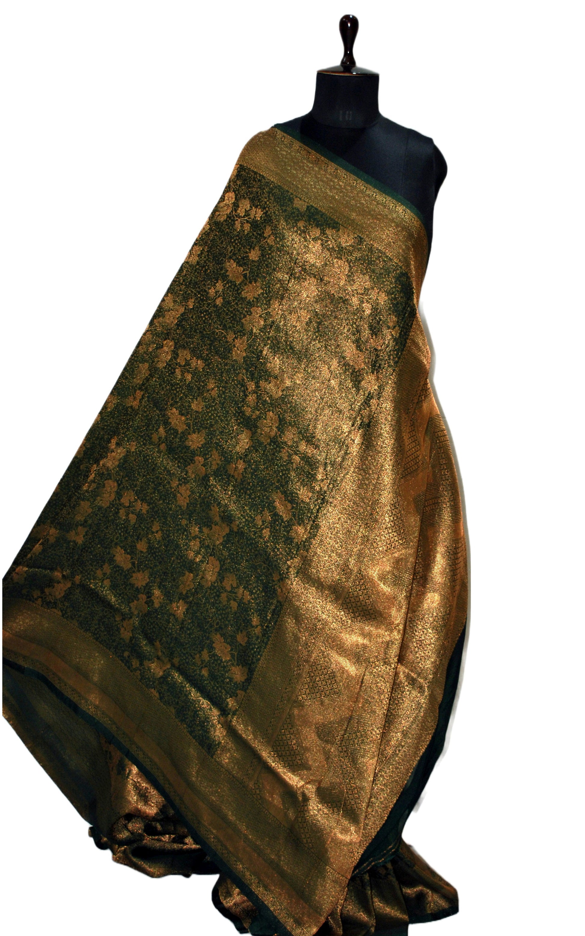 Semi Georgette Brocade Banarasi Saree in Dark Green and Sepia Tone Golden Zari Work