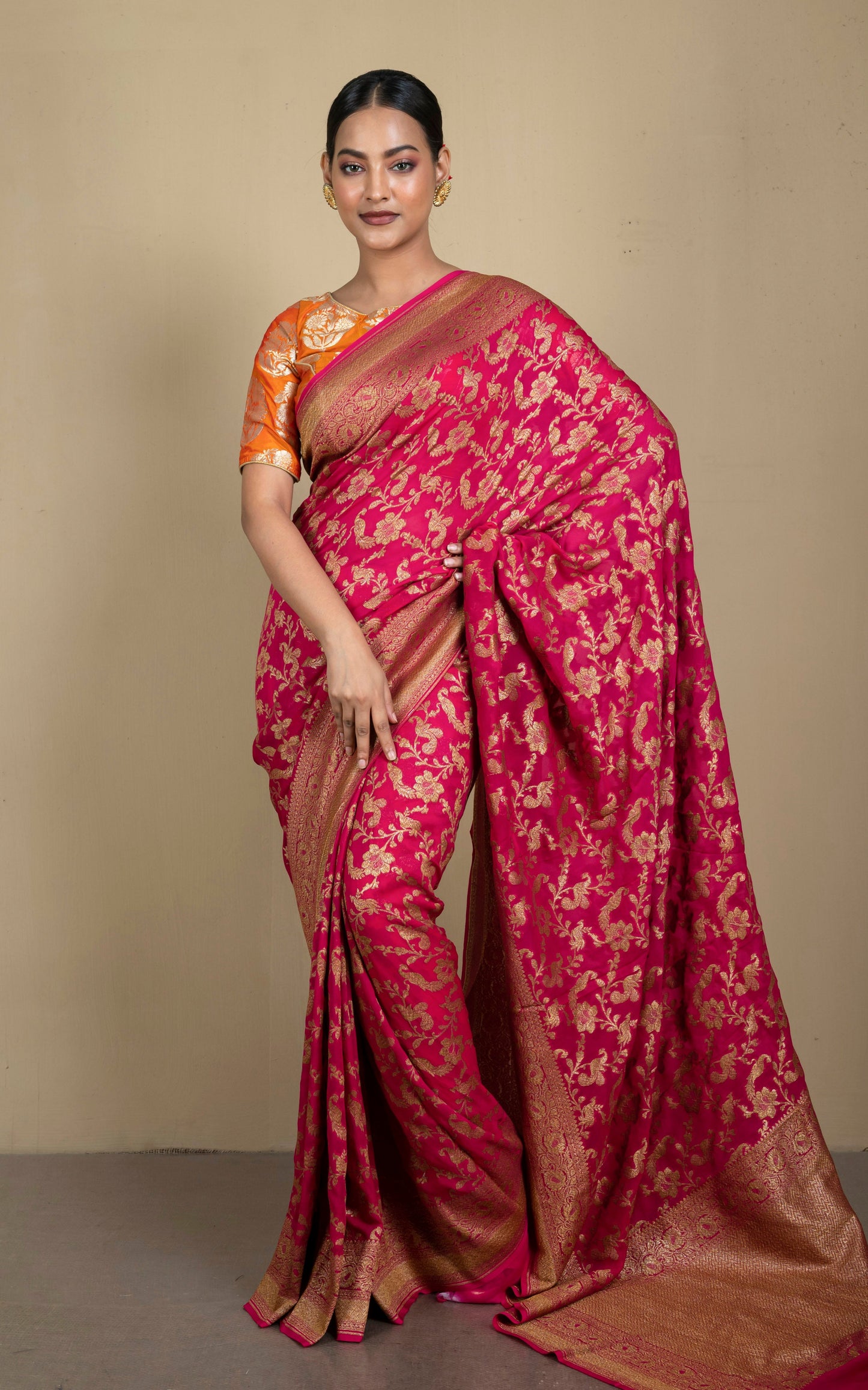 Brocade Khaddi Georgette Banarasi Saree in Desire Red with Maat Gold Zari Work