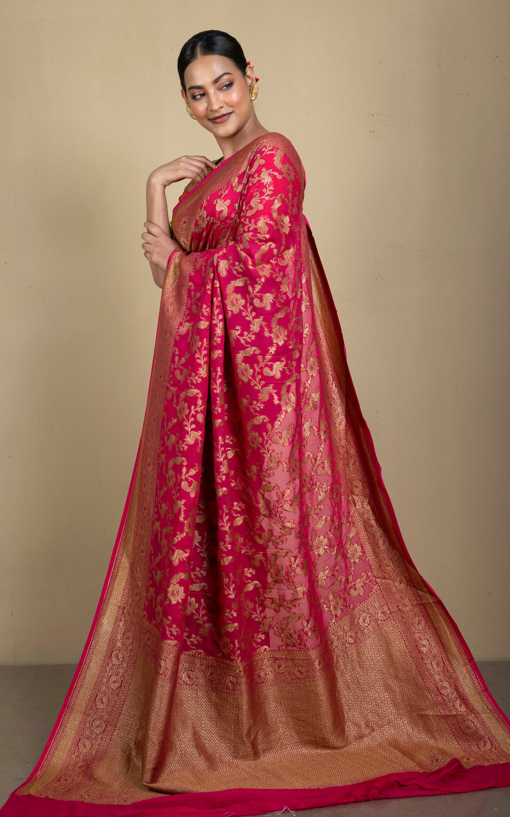 Brocade Khaddi Georgette Banarasi Saree in Desire Red with Maat Gold Zari Work