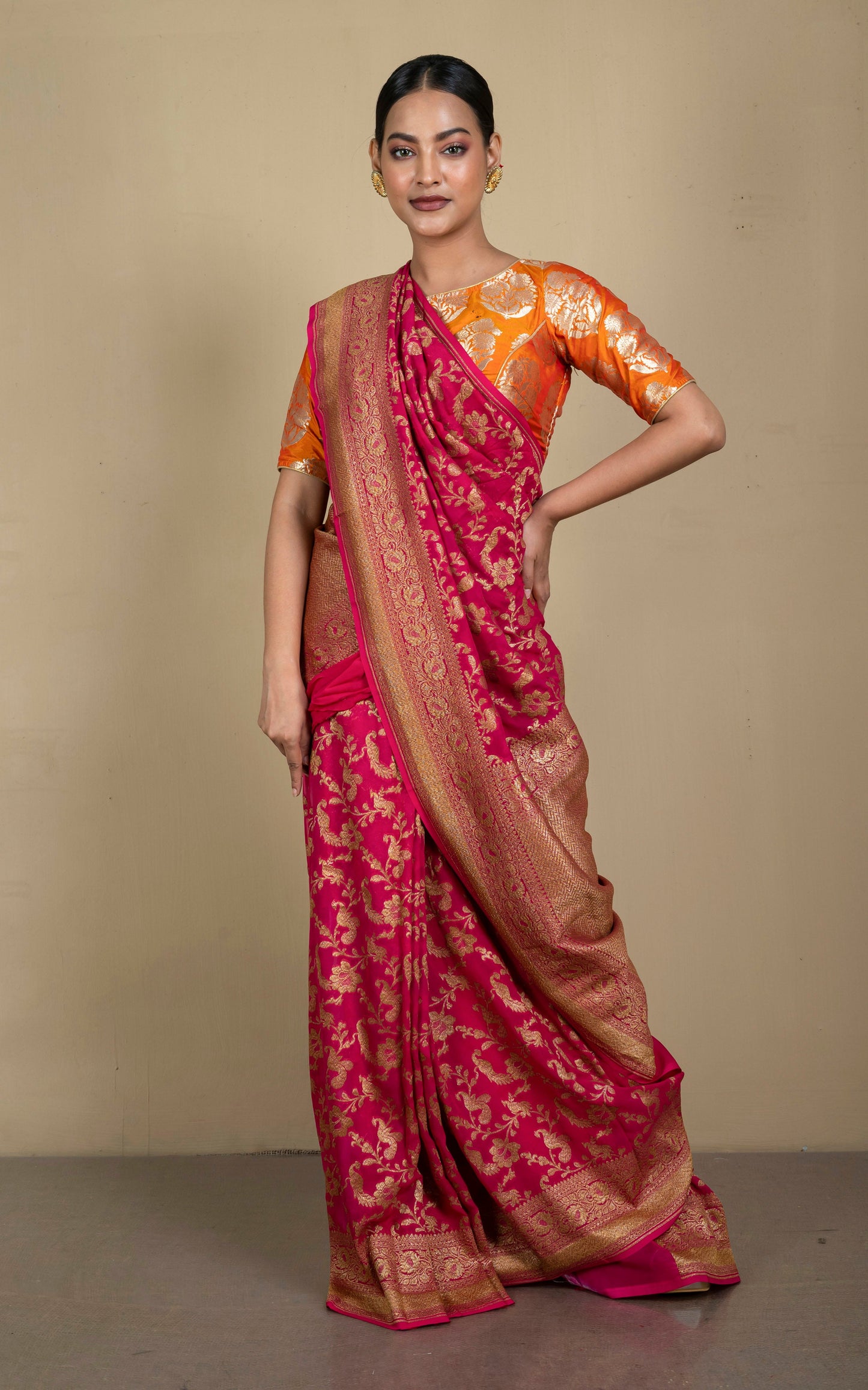 Brocade Khaddi Georgette Banarasi Saree in Desire Red with Maat Gold Zari Work