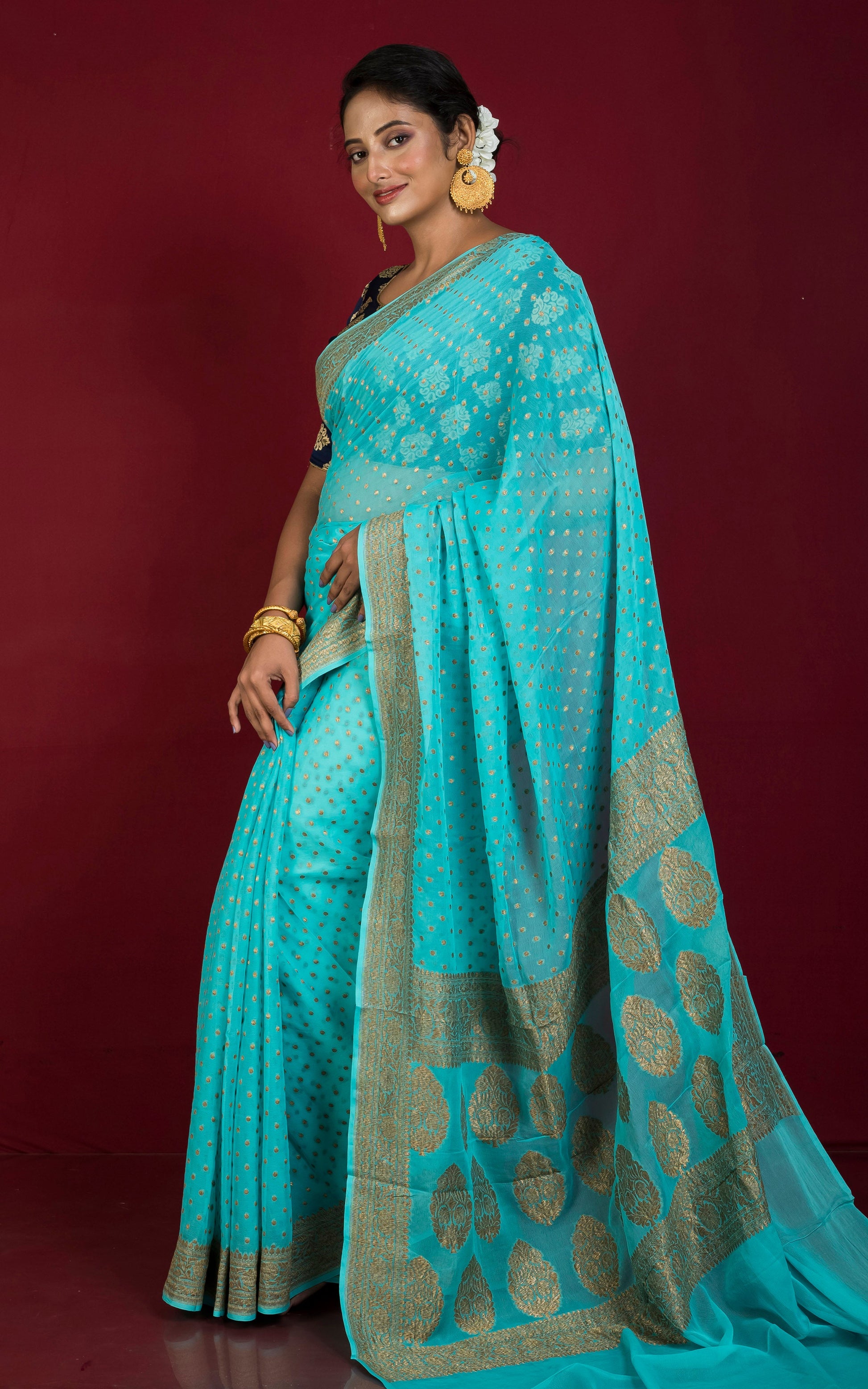 Handwoven Polka Dots Pure Khaddi Georgette Banarasi Saree in Aqua Blue and Antique Golden