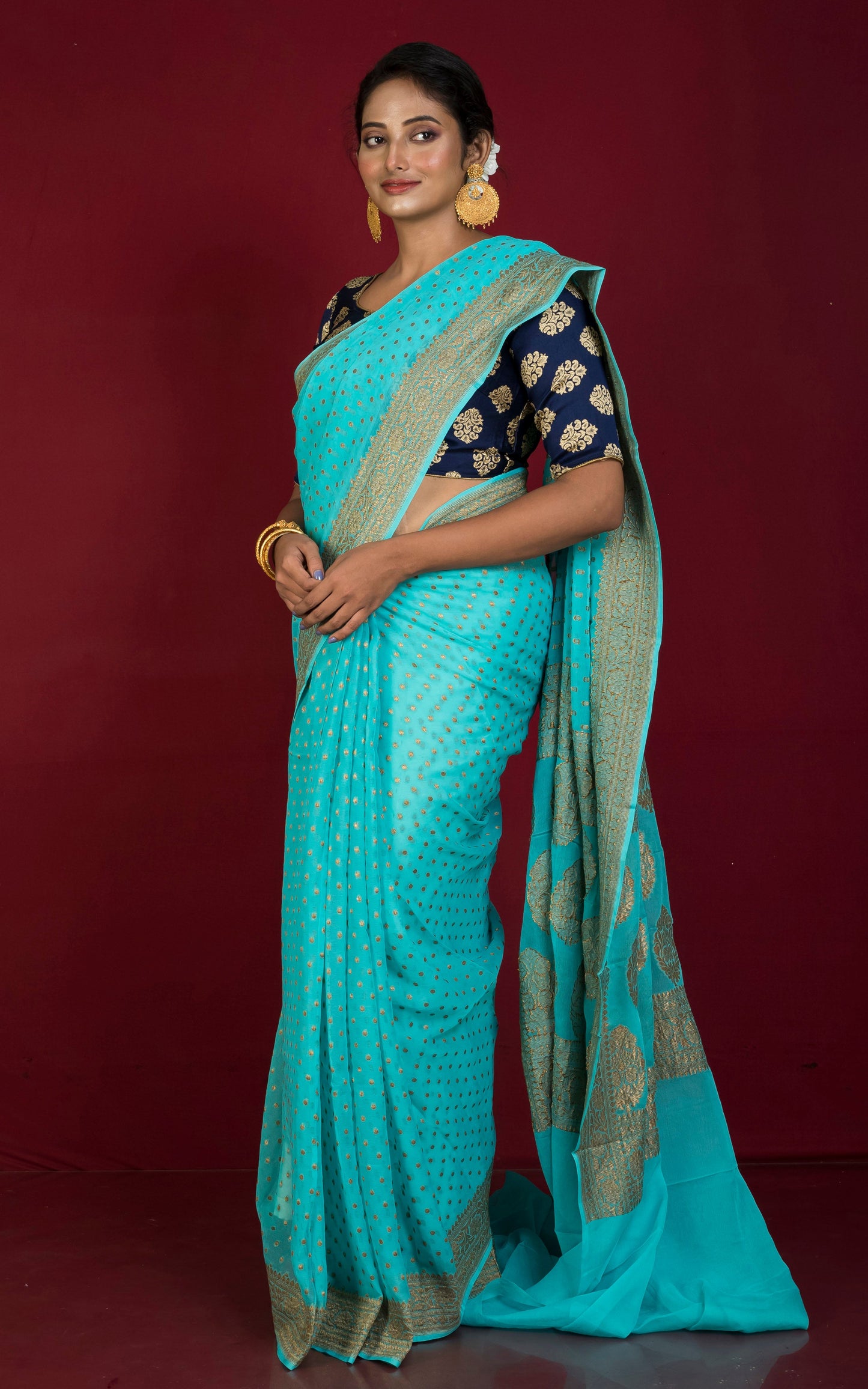 Handwoven Polka Dots Pure Khaddi Georgette Banarasi Saree in Aqua Blue and Antique Golden