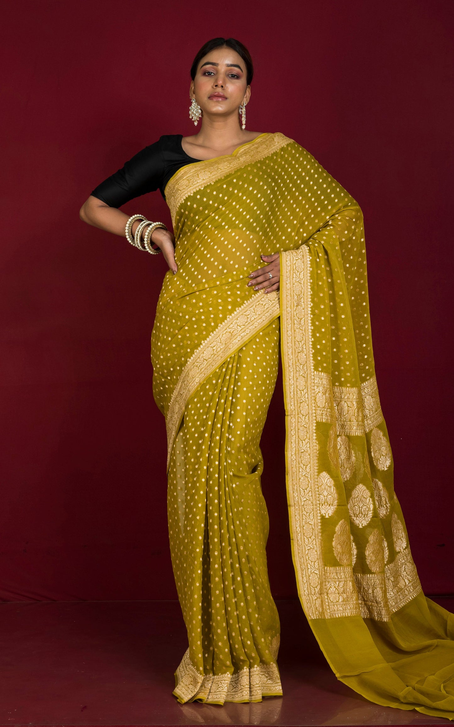 Handwoven Polka Dots Pure Khaddi Georgette Banarasi Saree in Mehendi Green and Antique Golden