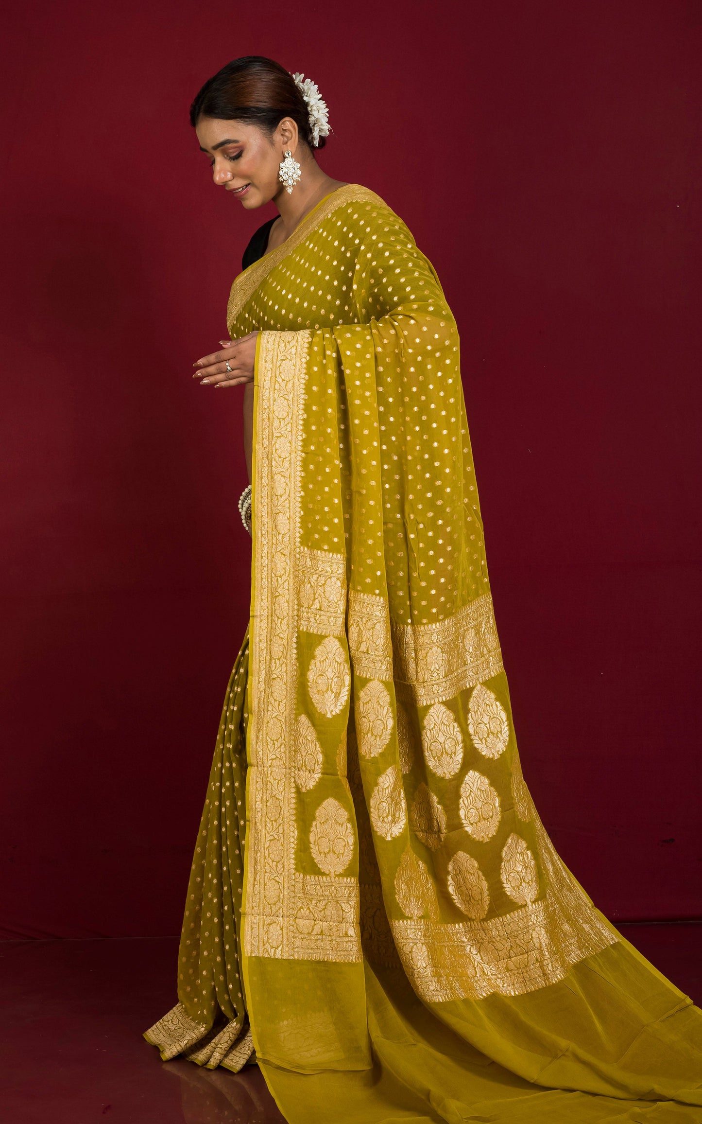 Handwoven Polka Dots Pure Khaddi Georgette Banarasi Saree in Mehendi Green and Antique Golden