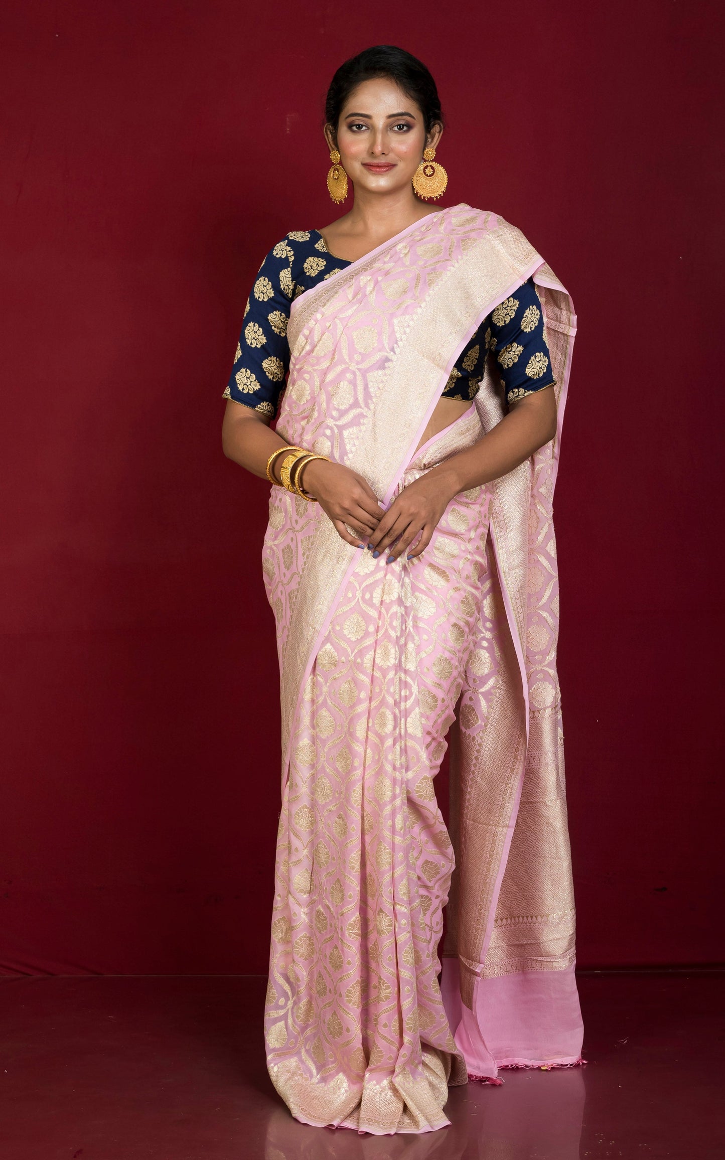 Handwoven Nakshi Floral Brocade Work Self Color Khaddi Georgette Banarasi Saree in Blush Pink & Water Golden