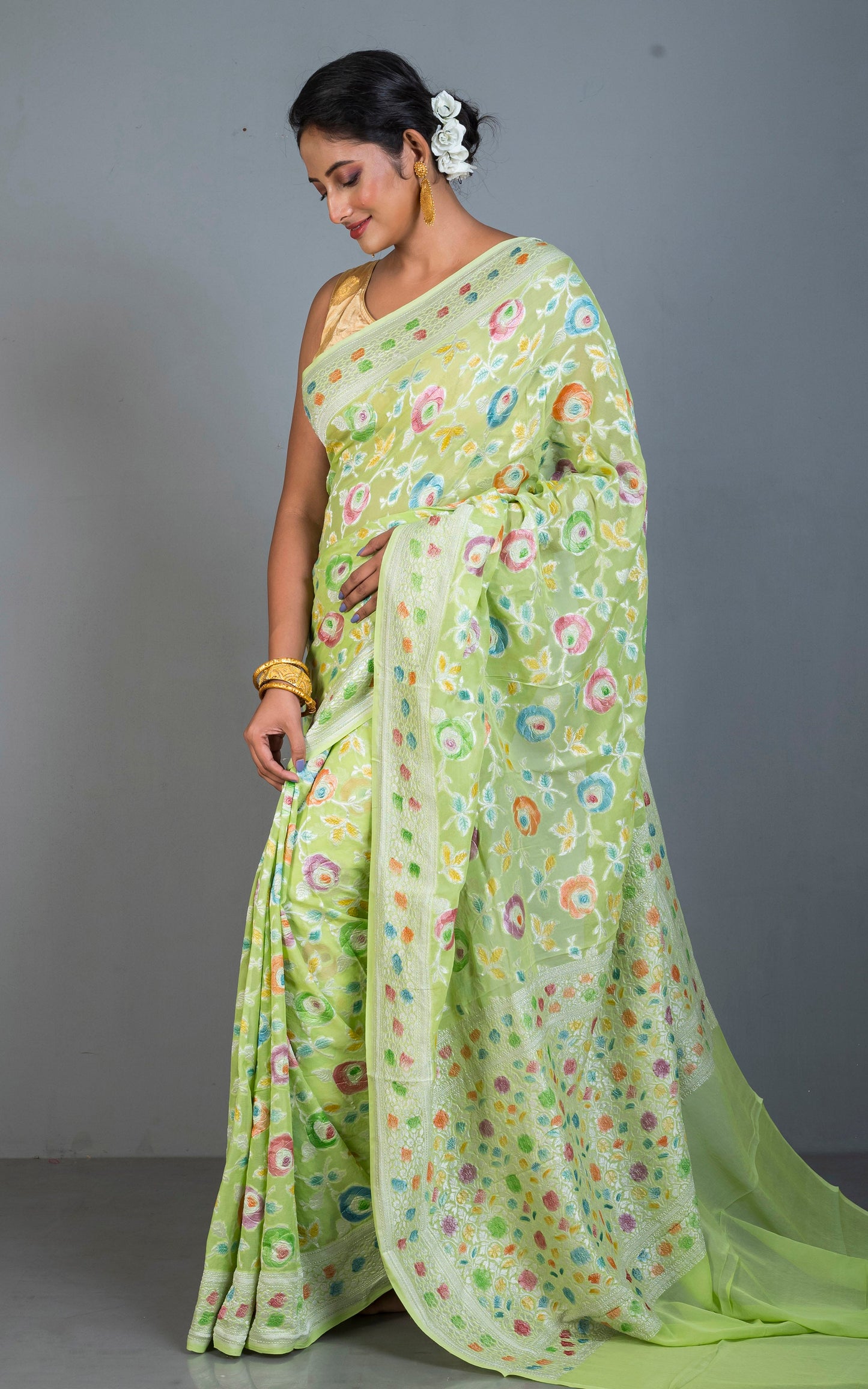 Handwoven Rangkart MInakari Brocade Work Khaddi Georgette Banarasi Saree in Lime Green, Multicolored & Water Golden