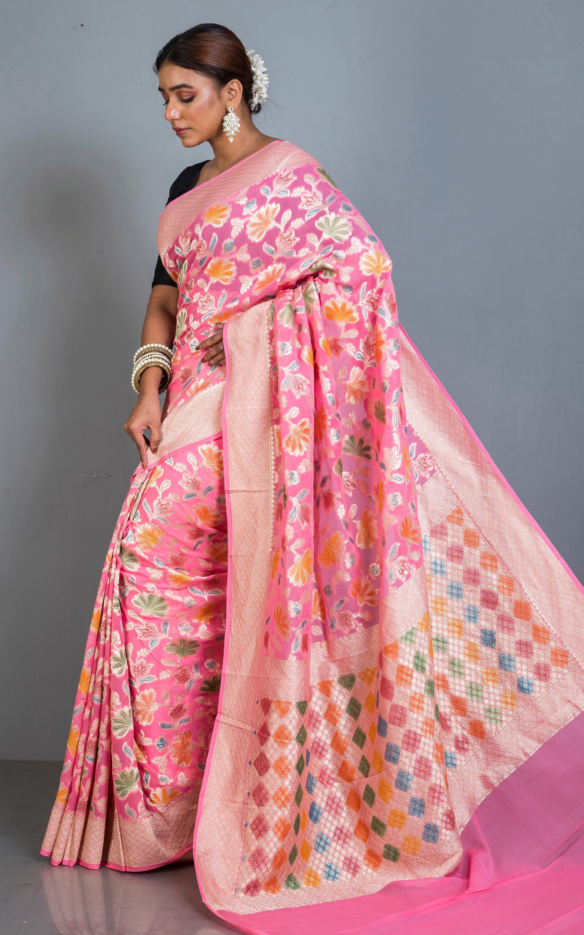 Handwoven Rangkart MInakari Brocade Work Khaddi Georgette Banarasi Saree in Rose Pink, Multicolored & Matt Golden