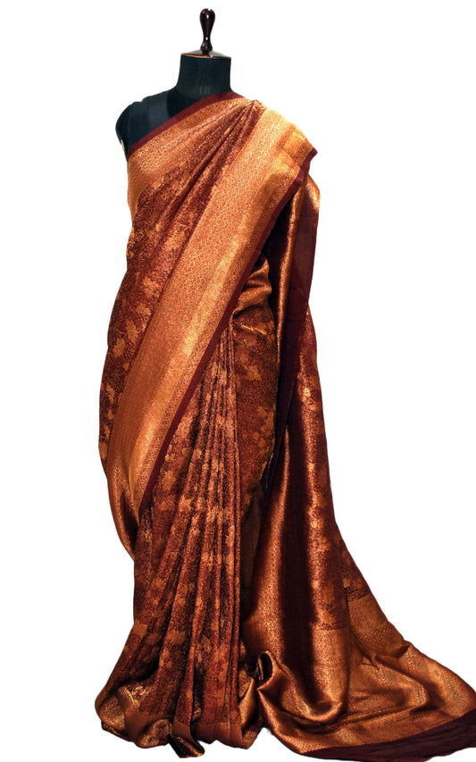 Semi Georgette Brocade Banarasi Saree in Garnet and Sepia Tone Golden Zari Work