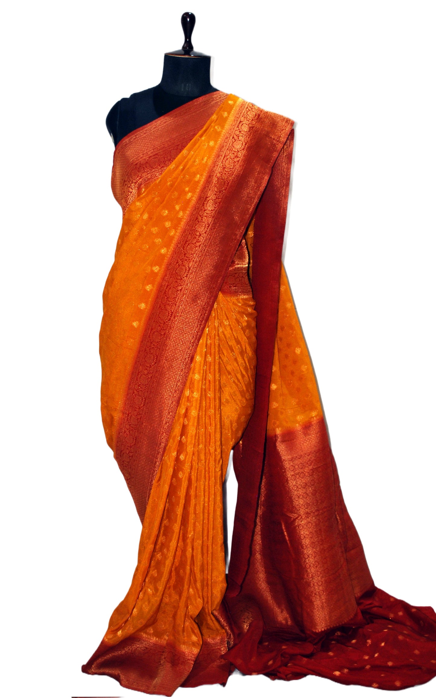 Soft Semi Georgette Banarasi Saree in Gold Ochre, Dark Red and Antique Golden