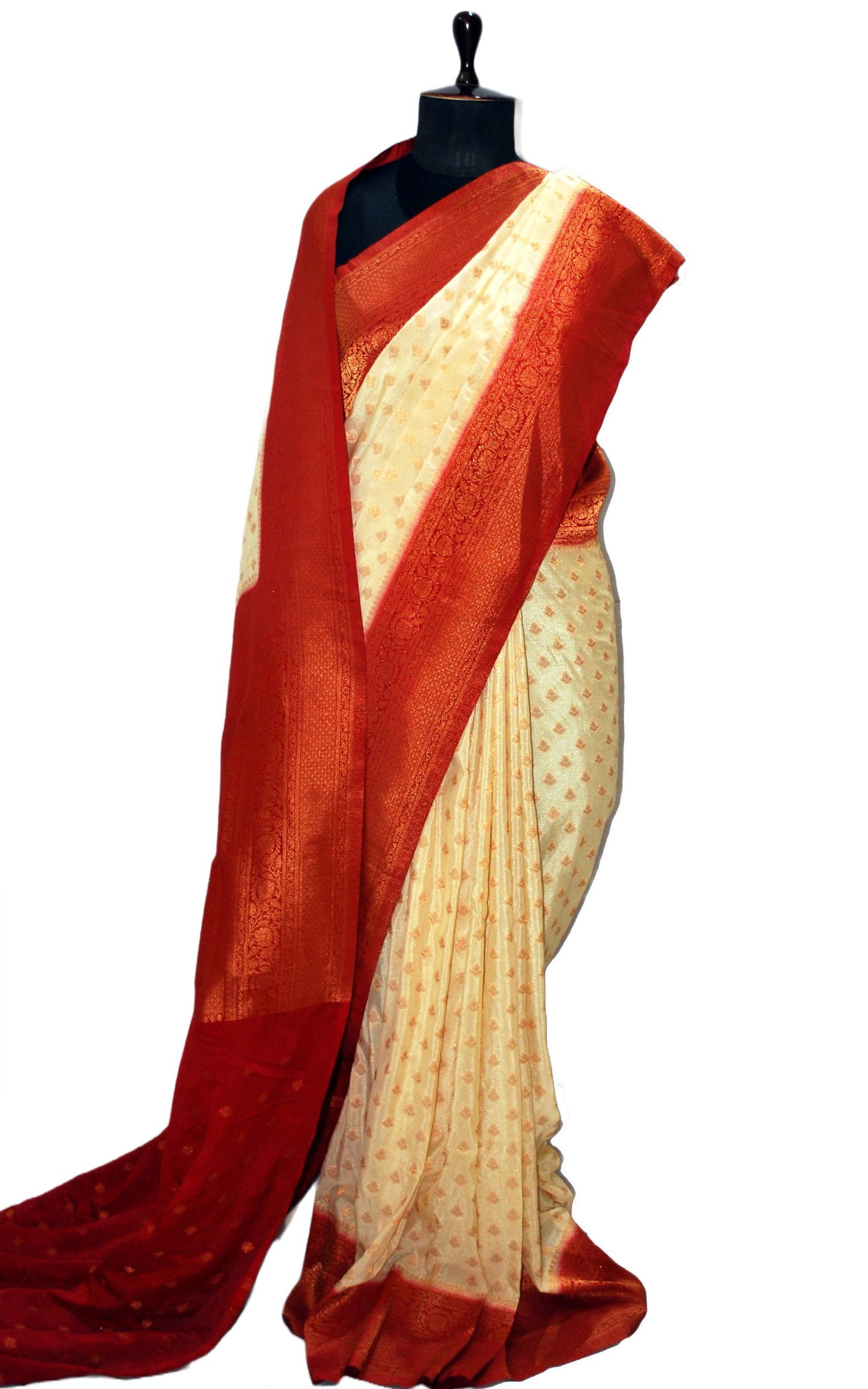 Soft Semi Georgette Banarasi Saree in Off White, Dark Red and Antique Golden