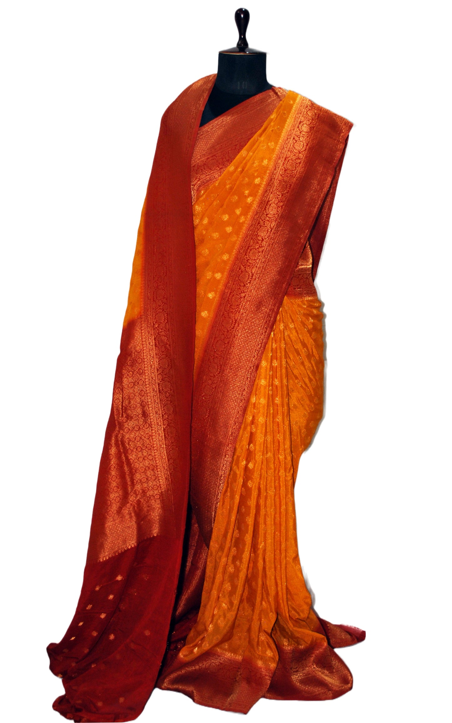 Soft Semi Georgette Banarasi Saree in Gold Ochre, Dark Red and Antique Golden