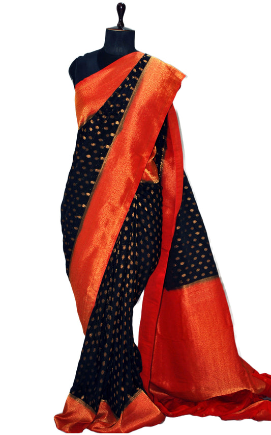 Soft Semi Georgette Banarasi Saree in Black, Red and Antique Golden