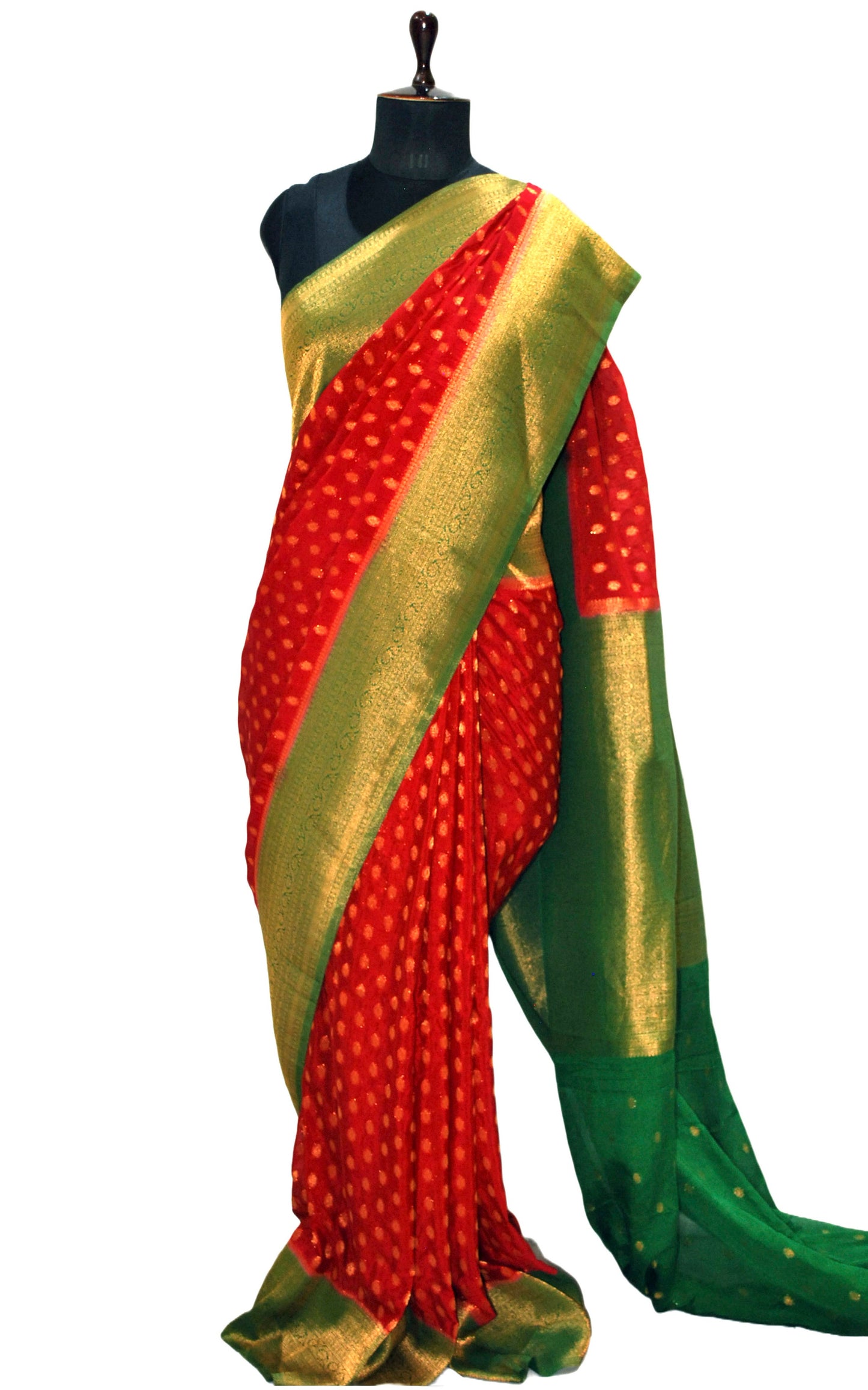 Soft Semi Georgette Banarasi Saree in Cherry Red, Forest Green and Antique Golden