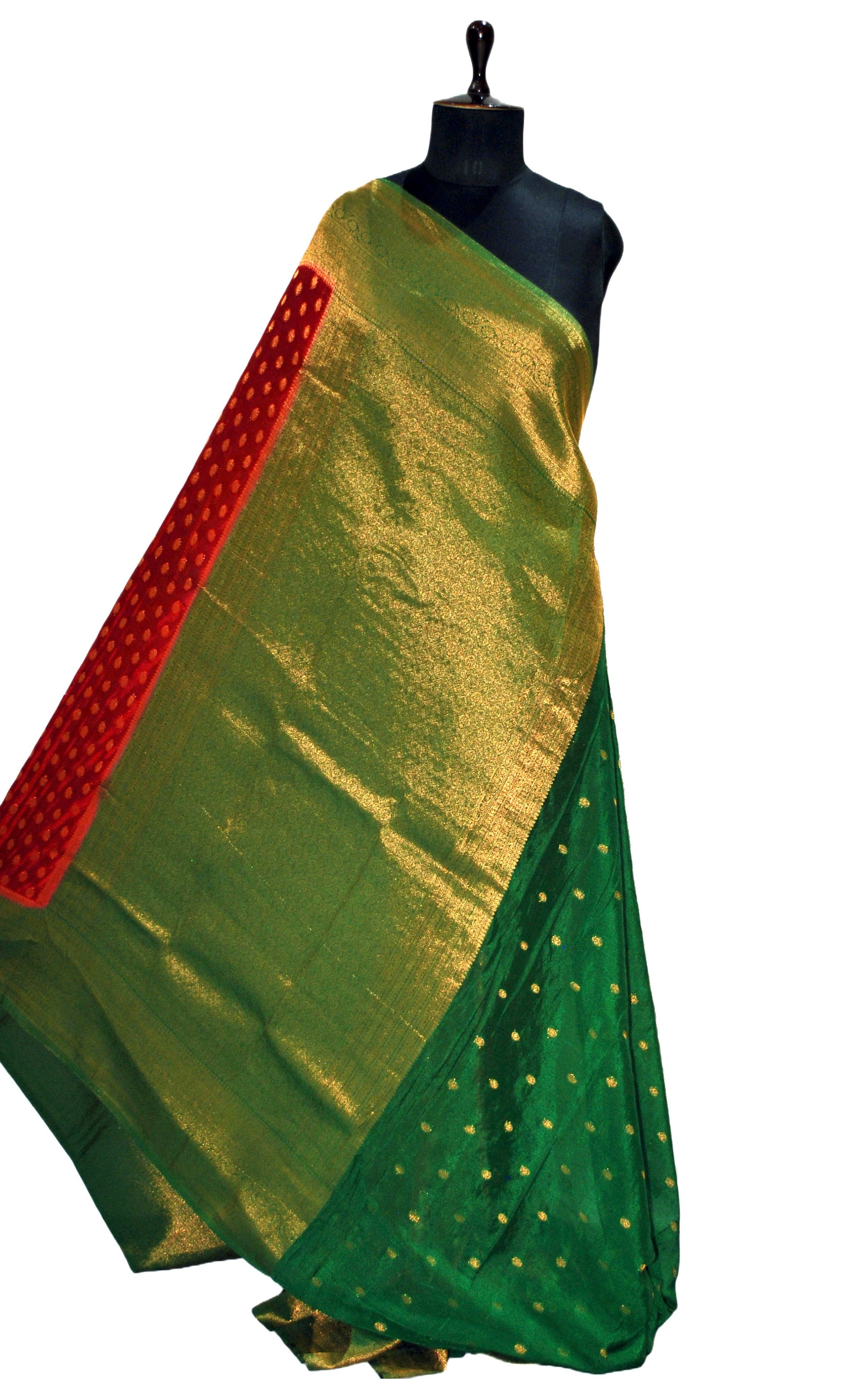 Soft Semi Georgette Banarasi Saree in Cherry Red, Forest Green and Antique Golden