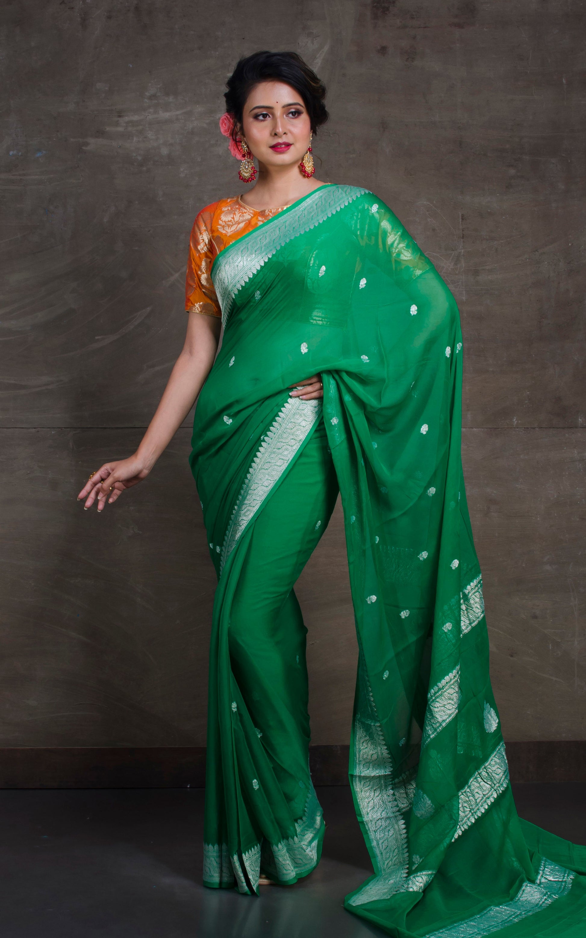 Pure Georgette Banarasi Saree in Forest Green and Silver