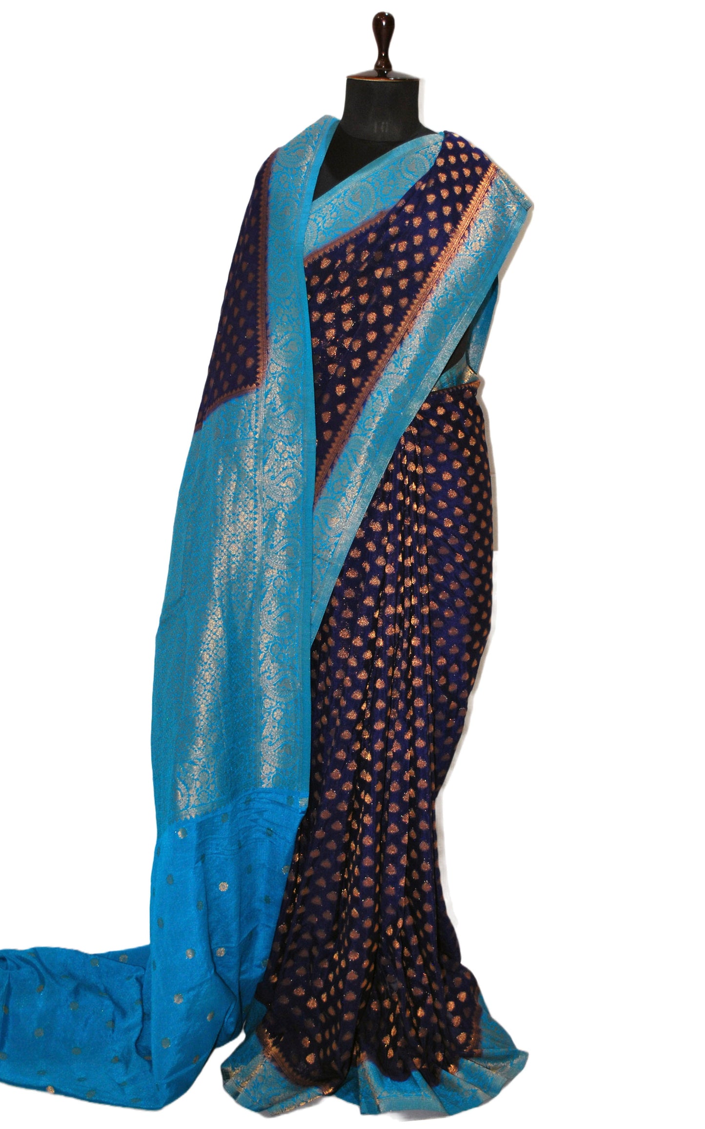 Medium Border Soft Semi Georgette Banarasi Saree in Midnight Blue, Azure Blue and Antique Golden