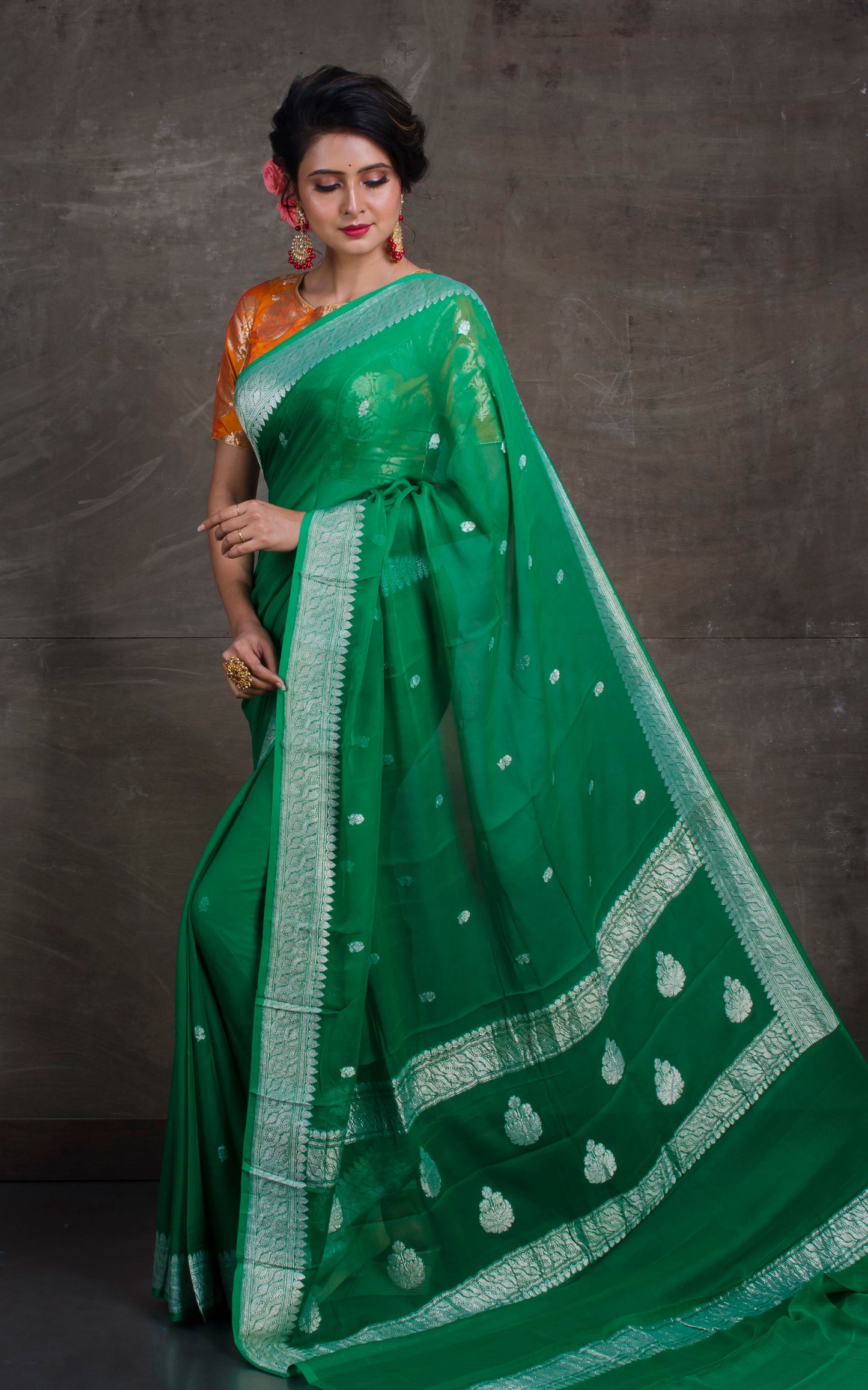 Pure Georgette Banarasi Saree in Forest Green and Silver