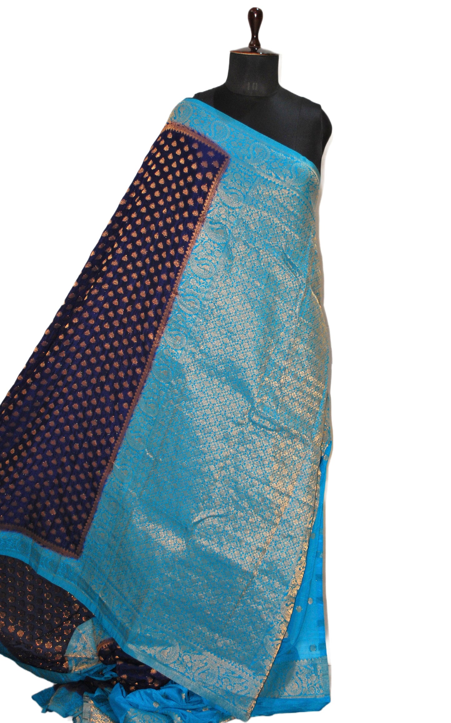 Medium Border Soft Semi Georgette Banarasi Saree in Midnight Blue, Azure Blue and Antique Golden