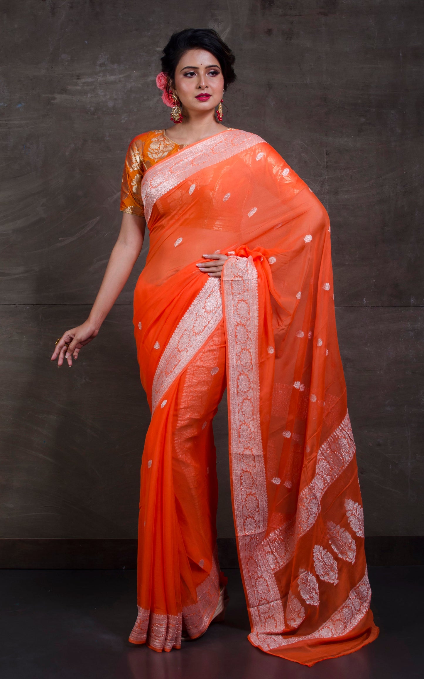 Pure Georgette Banarasi Saree in Diffuse Orange and Silver