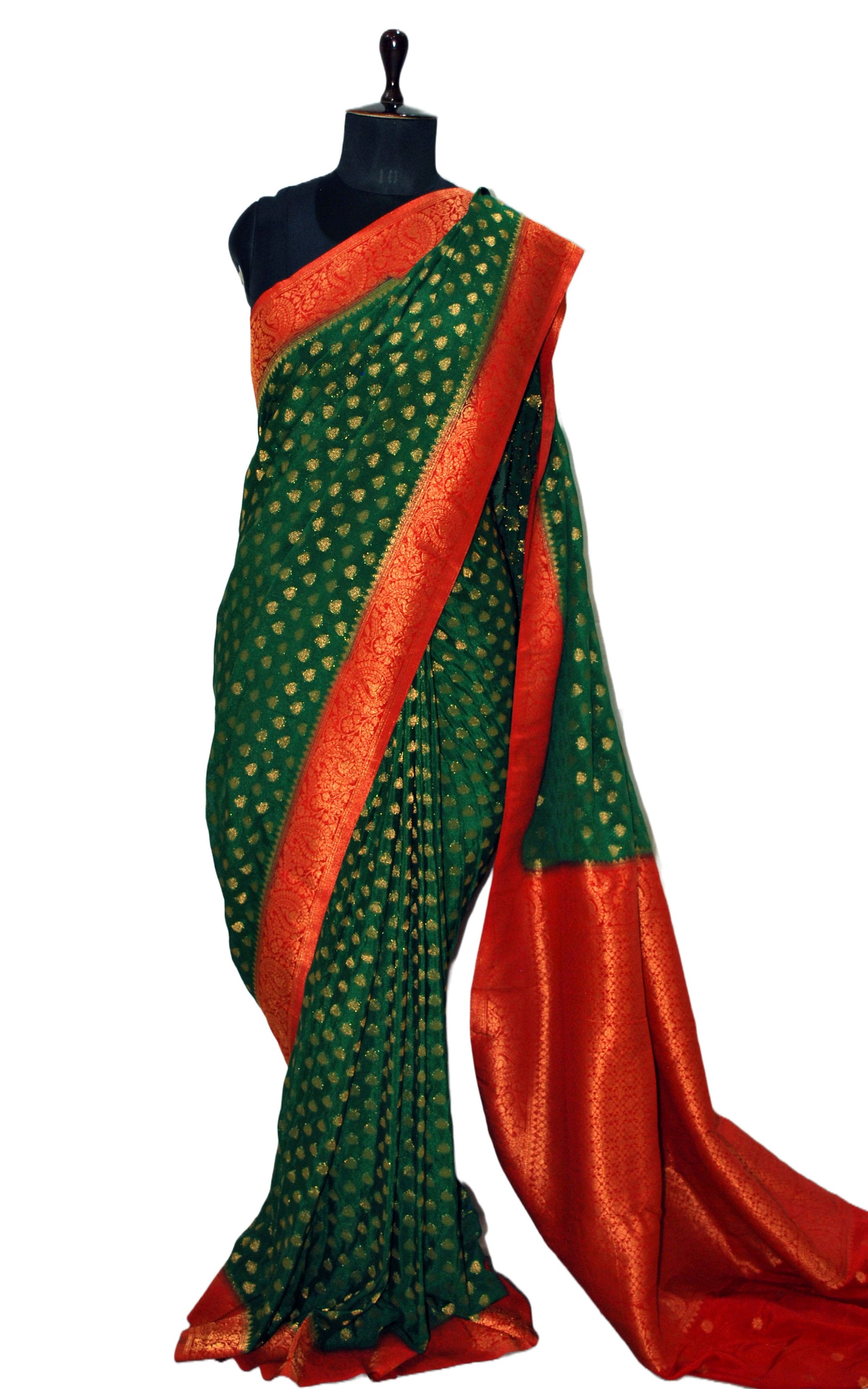 Medium Border Soft Semi Georgette Banarasi Saree in Dark Green, Dark Red and Antique Golden