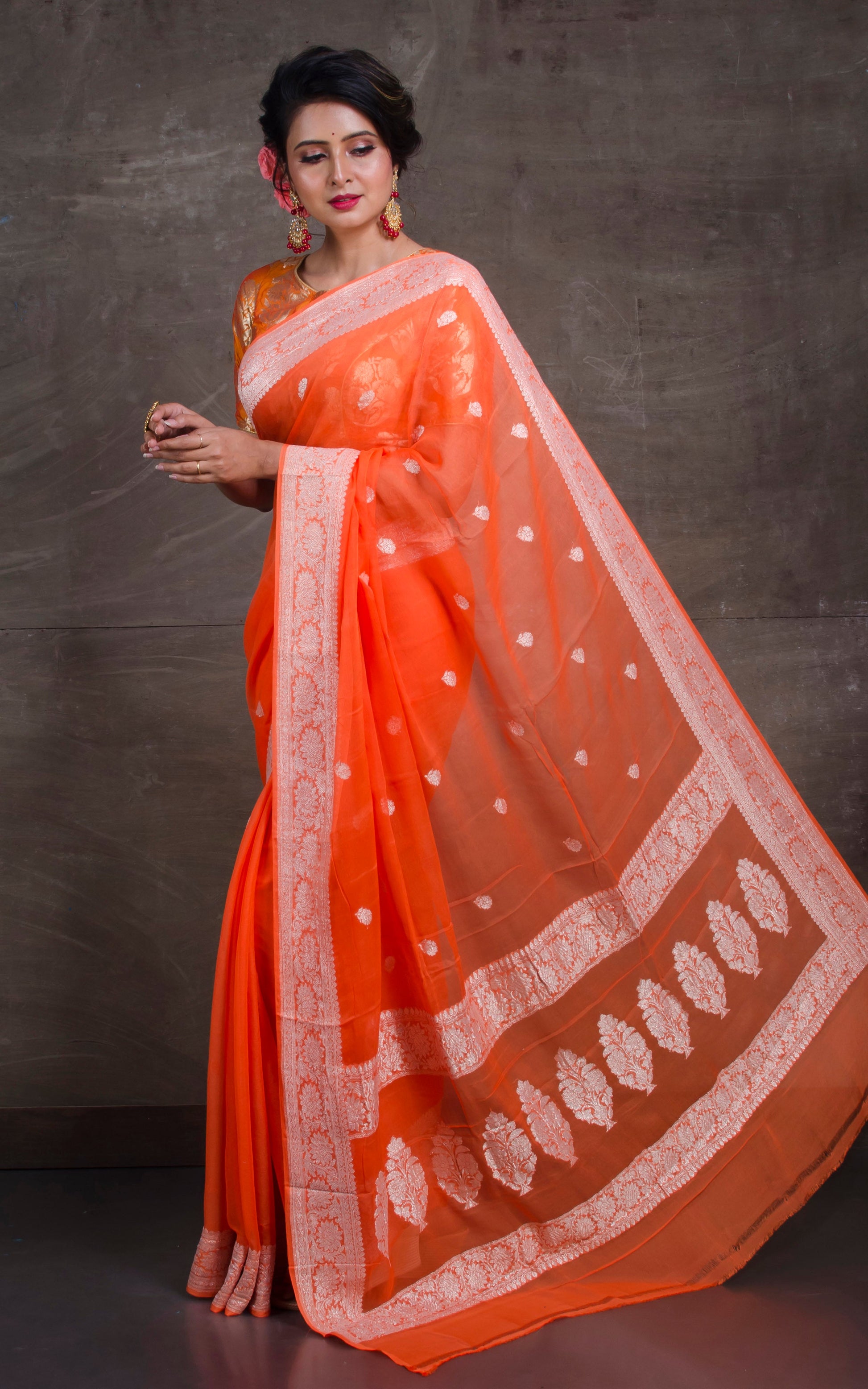 Pure Georgette Banarasi Saree in Diffuse Orange and Silver