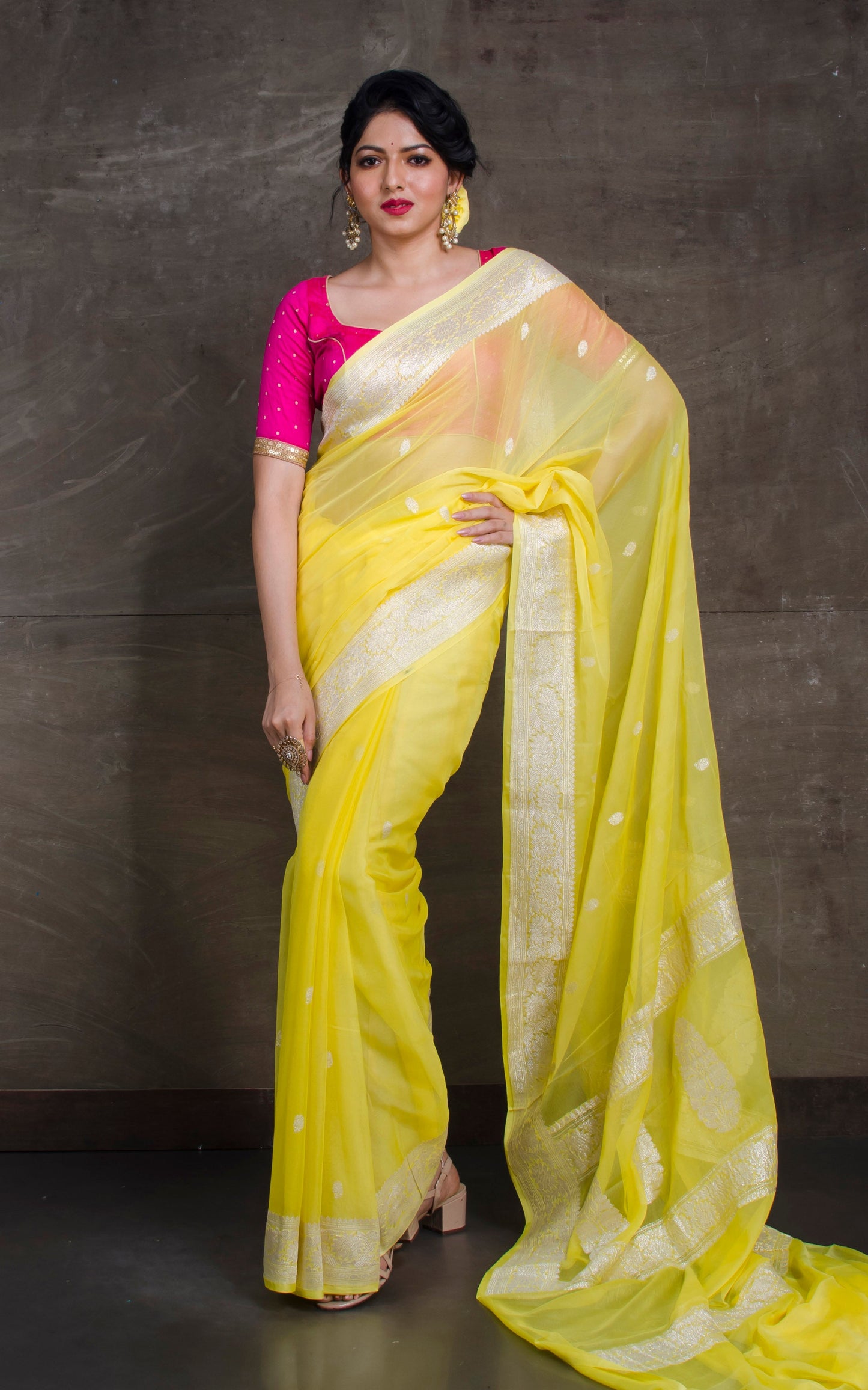 Pure Georgette Banarasi Saree in Light Yellow and Silver